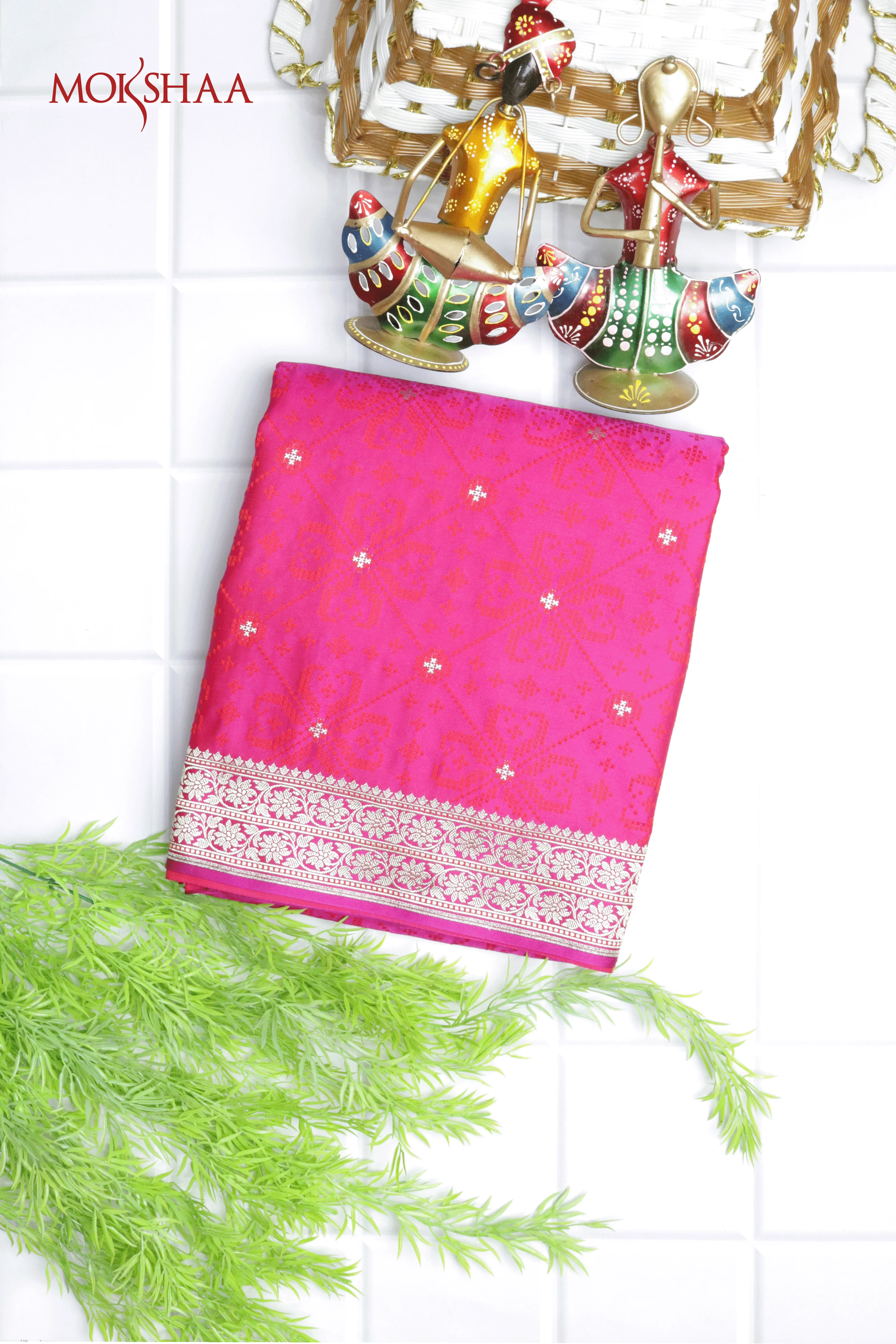 Magenta Pink Banarasi Semi-Silk Saree with Orange Thread & Zari Motifs | Mokshaa