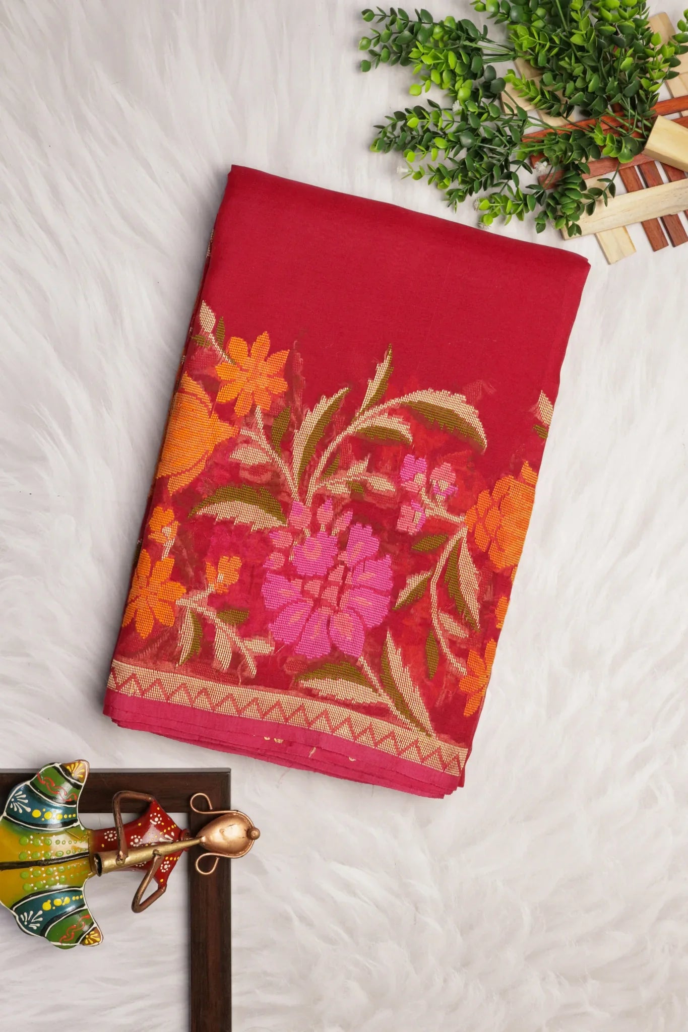 Tomato Pink Banarasi Kora Silk Saree with Multicolor Zari Weaving | Mokshaa