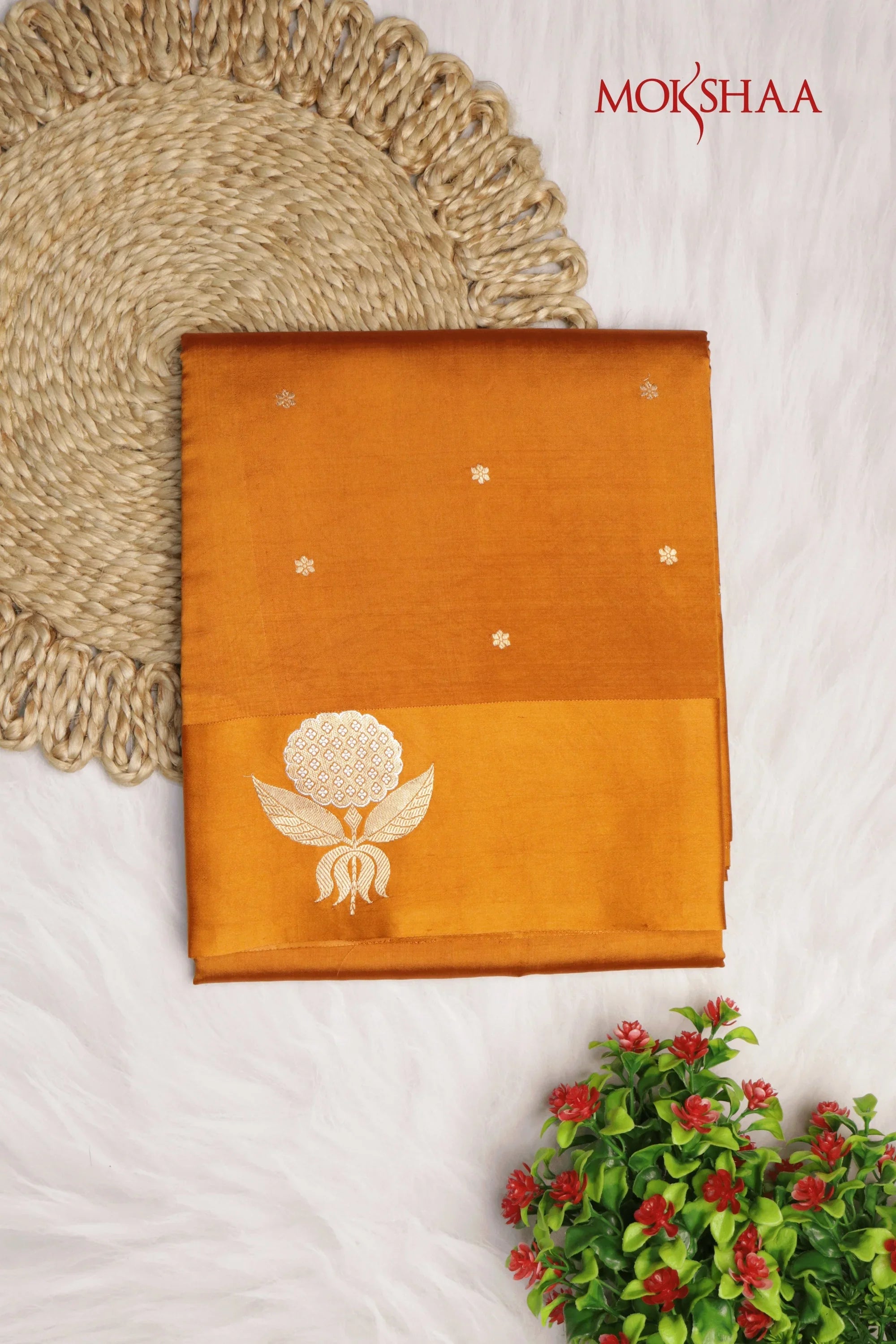 Orange Banarasi Chanderi Silk Saree with Gold & Silver Satin Border | Mokshaa