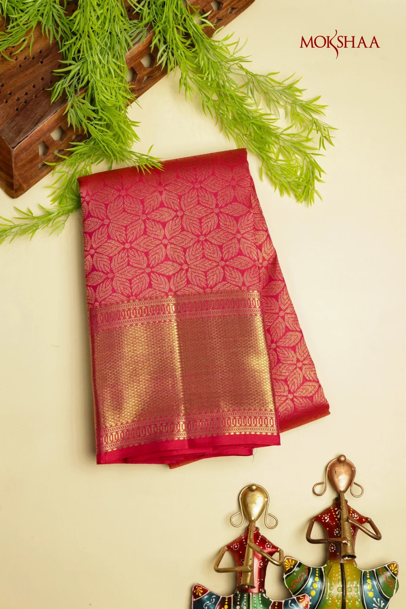 Reddish Pink Kanchivaram Silk Saree with Golden Zari Weaving & Border | Mokshaa