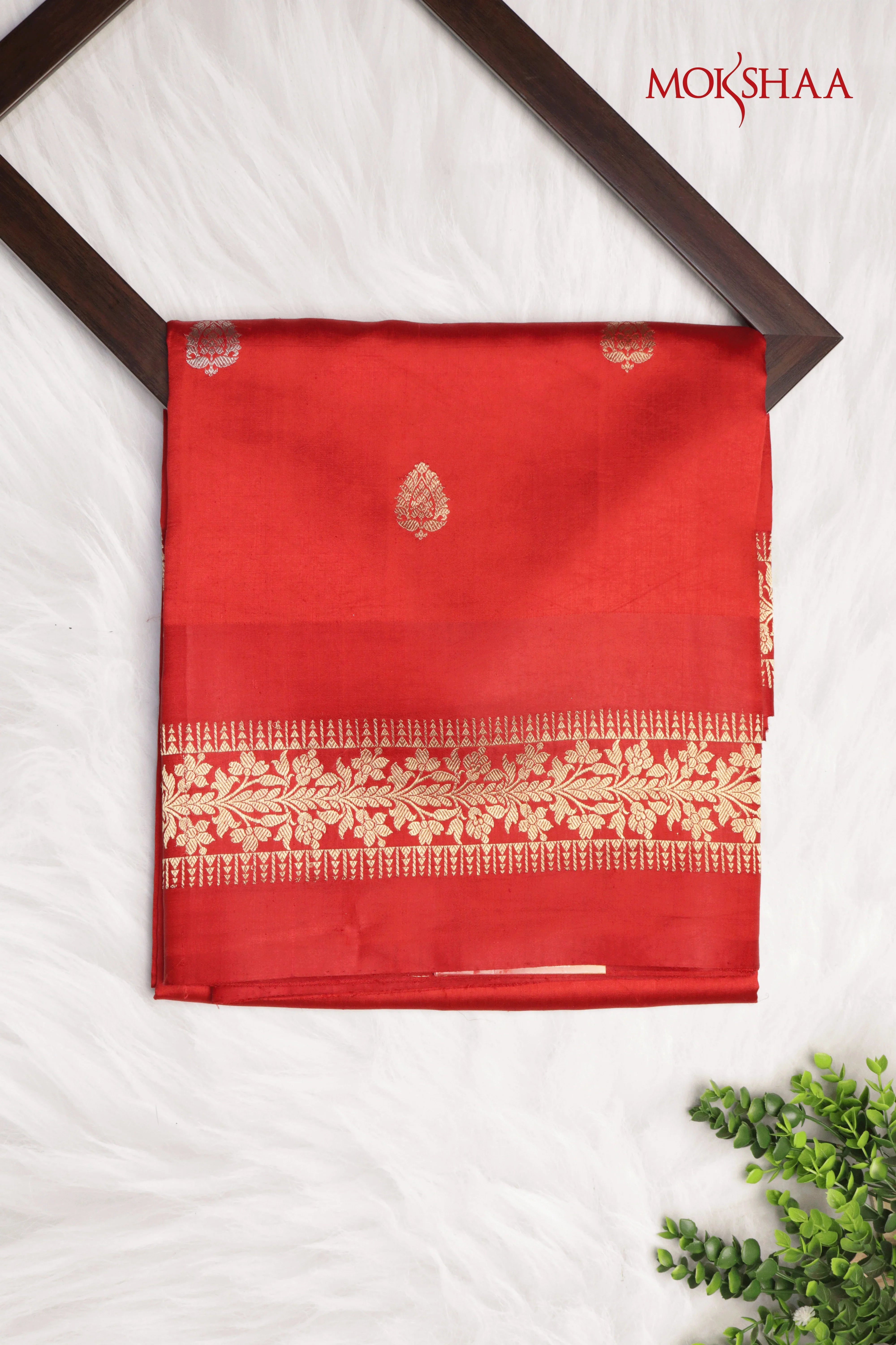 Red Banarasi Chanderi Silk Saree with Golden & Silver Motifs and Satin Border | Mokshaa