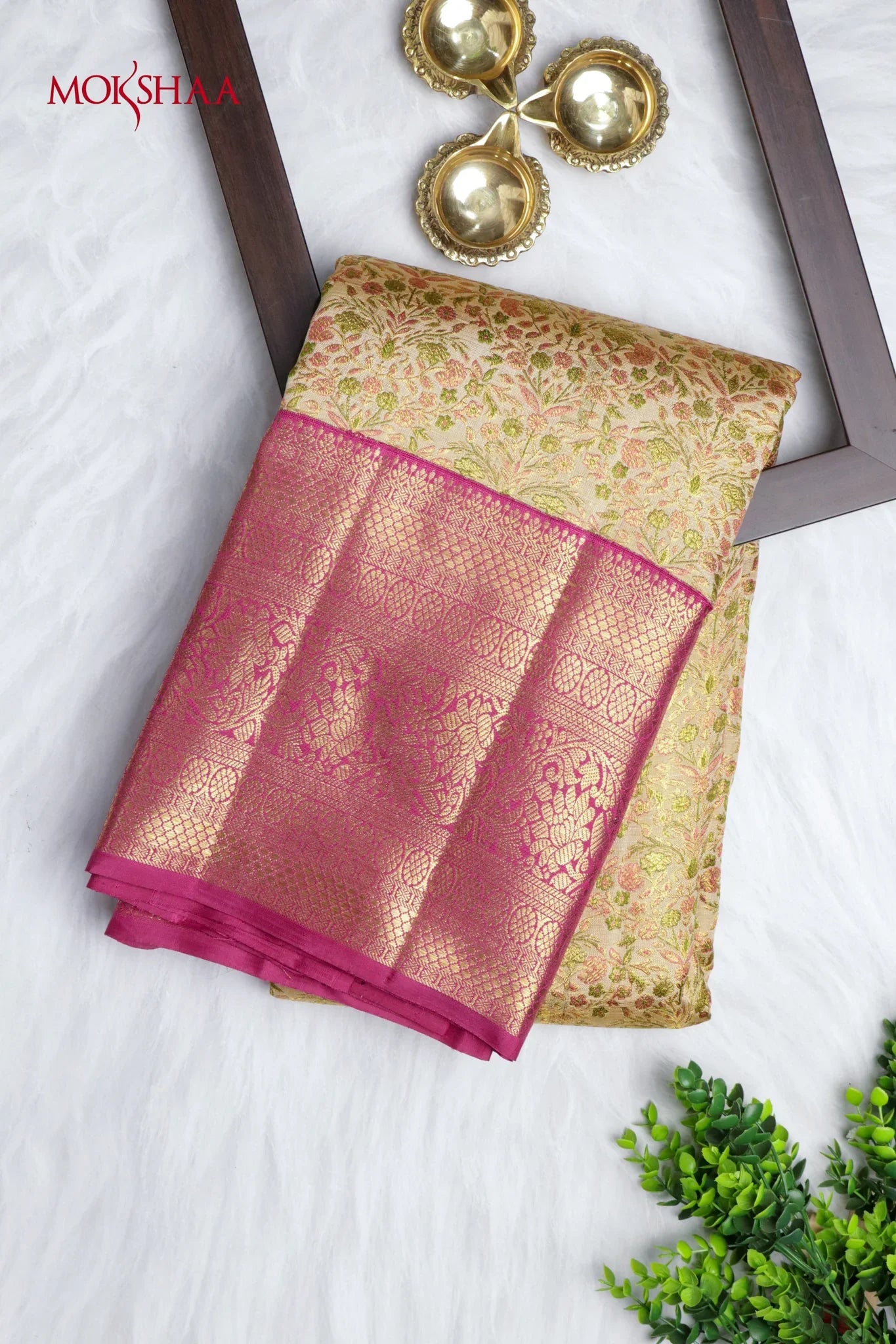 Dusty Gold Kanchivaram Silk Saree with Pink Border | Mokshaa