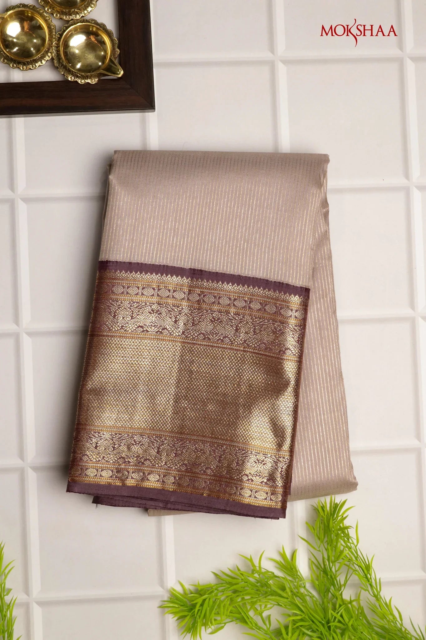Beige Kanchivaram Silk Saree with Zari Stripes & Contrast Maroon Pallu | Mokshaa