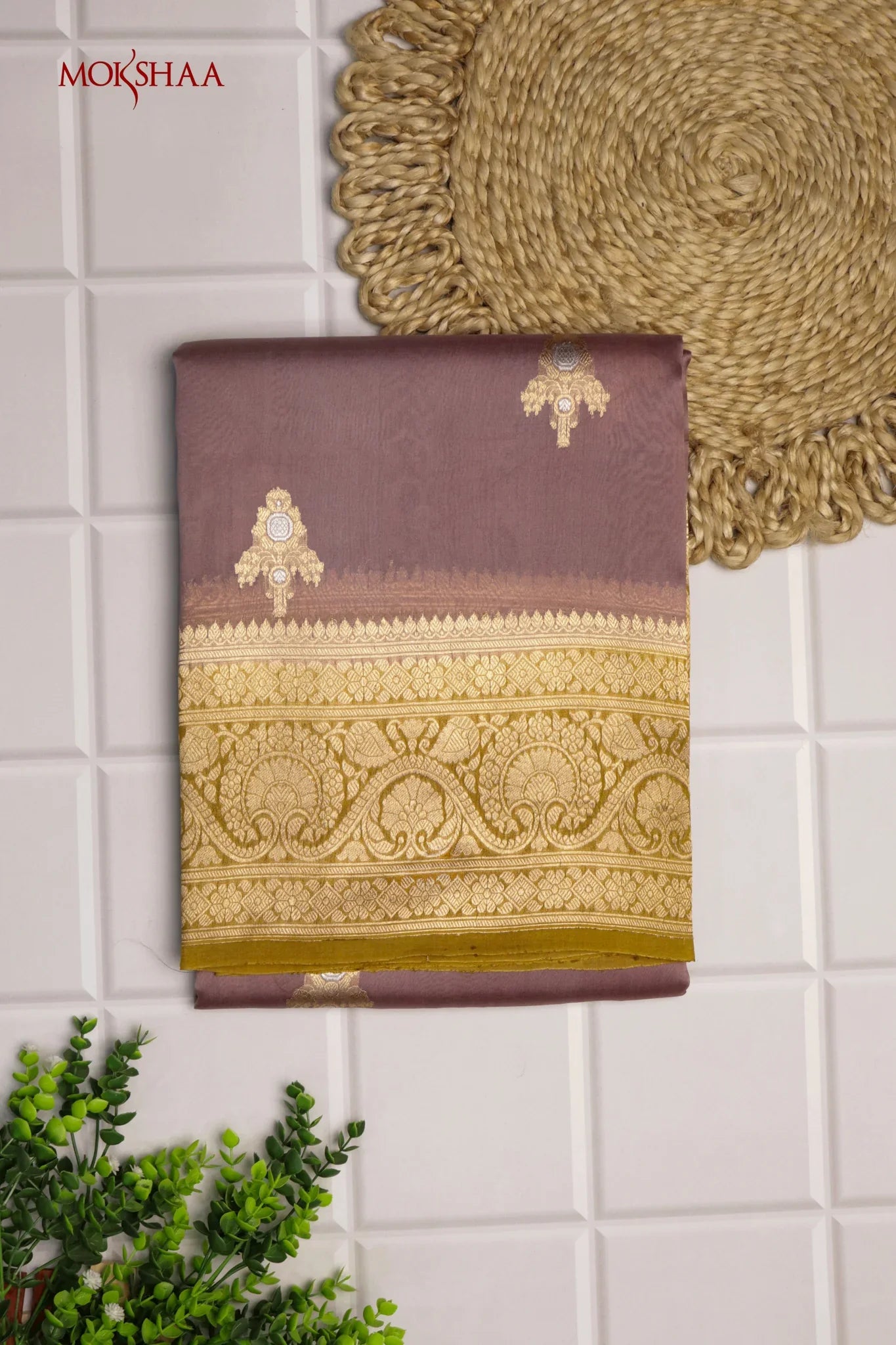 Dusty Mauve Banarasi Kora Saree with Gold & Silver Motifs | Mokshaa