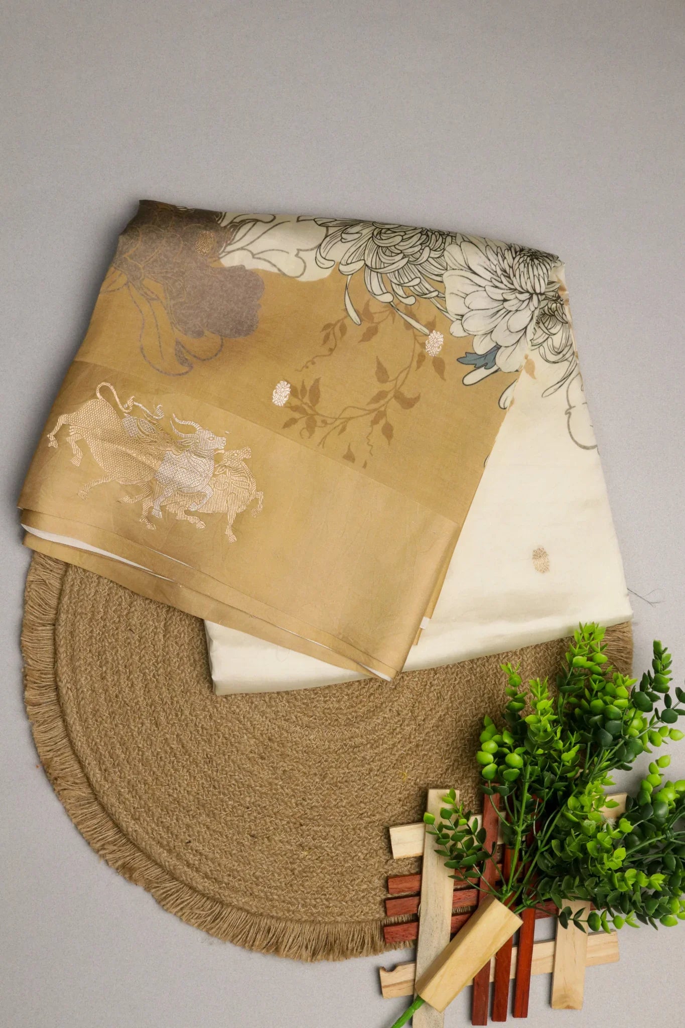 Off-White Gold Silk Saree Floral Animal Print with Zari Motifs | Mokshaa