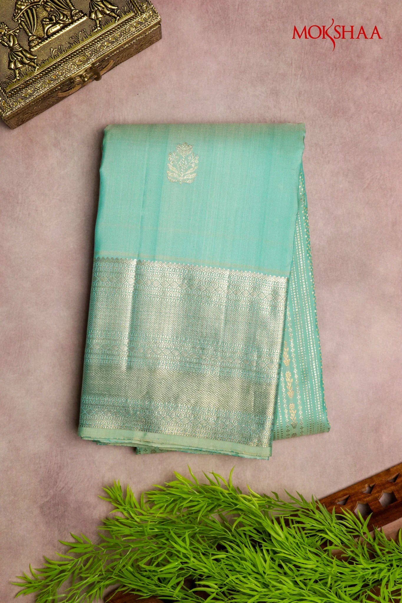 Elegant Ice Blue Kanchivaram Silk Saree with Zari Borde | Mokshaa