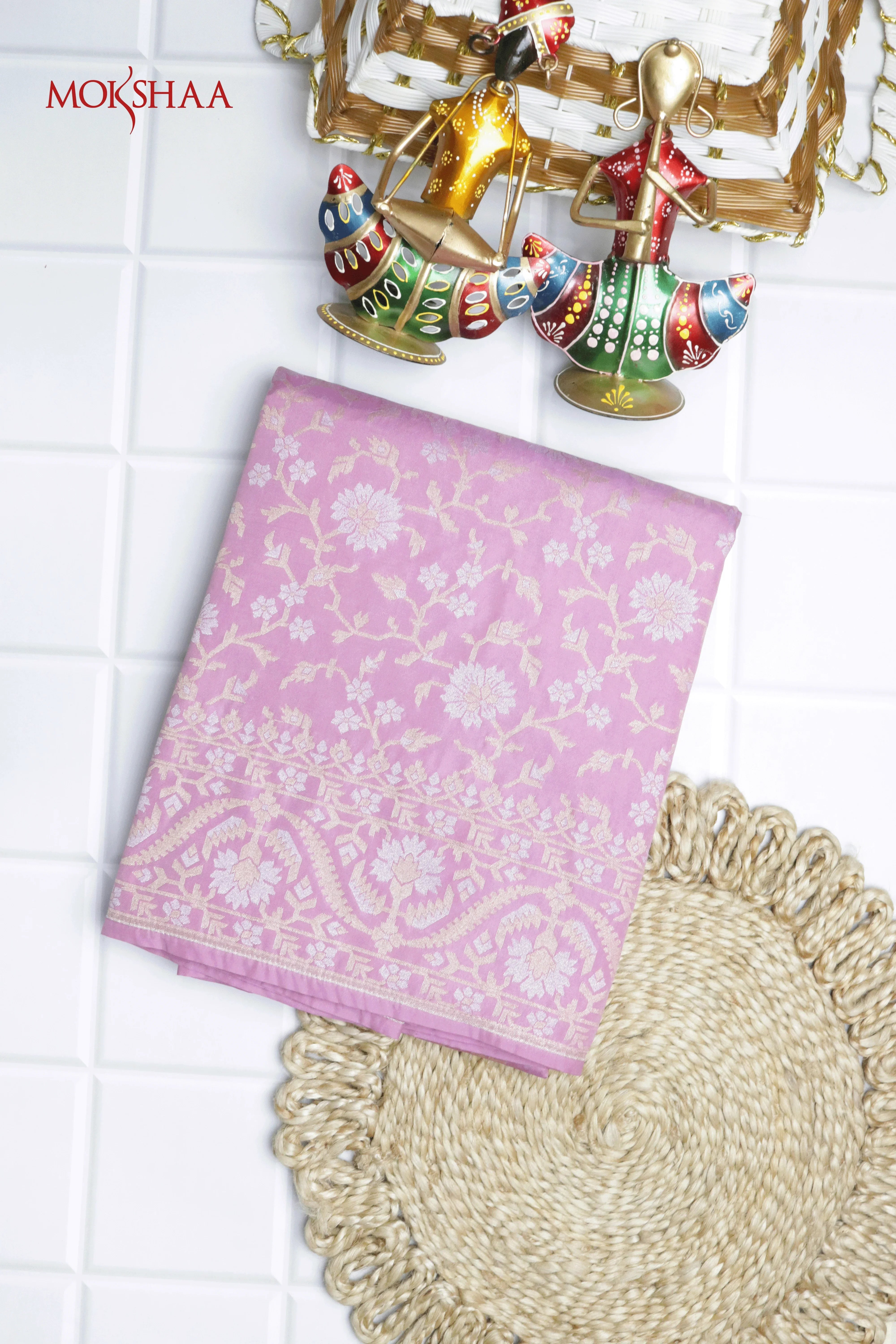 Onion Pink Banarasi Semi Silk Saree with Floral Zari Jaal | Mokshaa