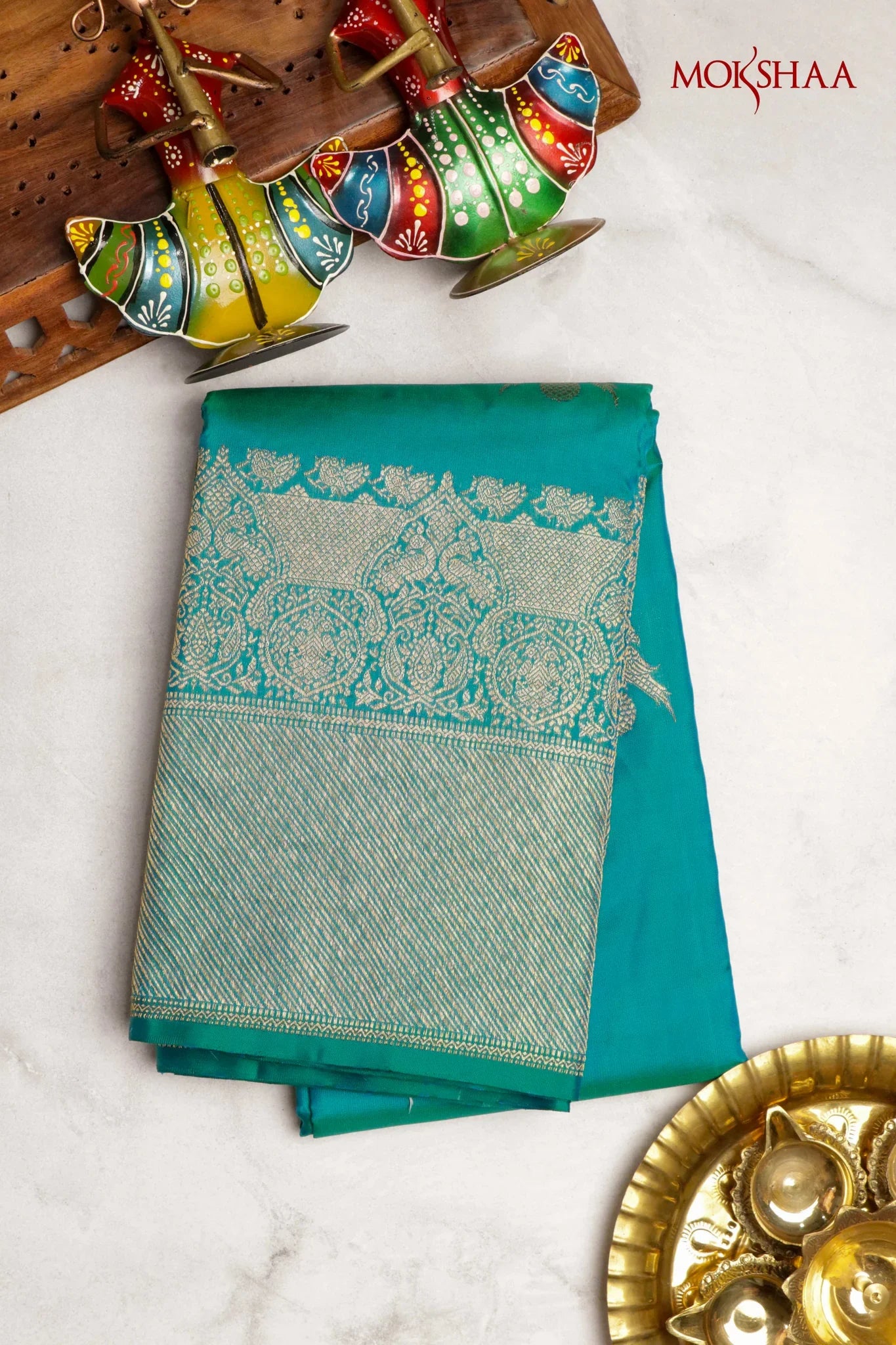 Turquoise Blue Kanchivaram Silk Saree with Fancy Zari Butta | Mokshaa