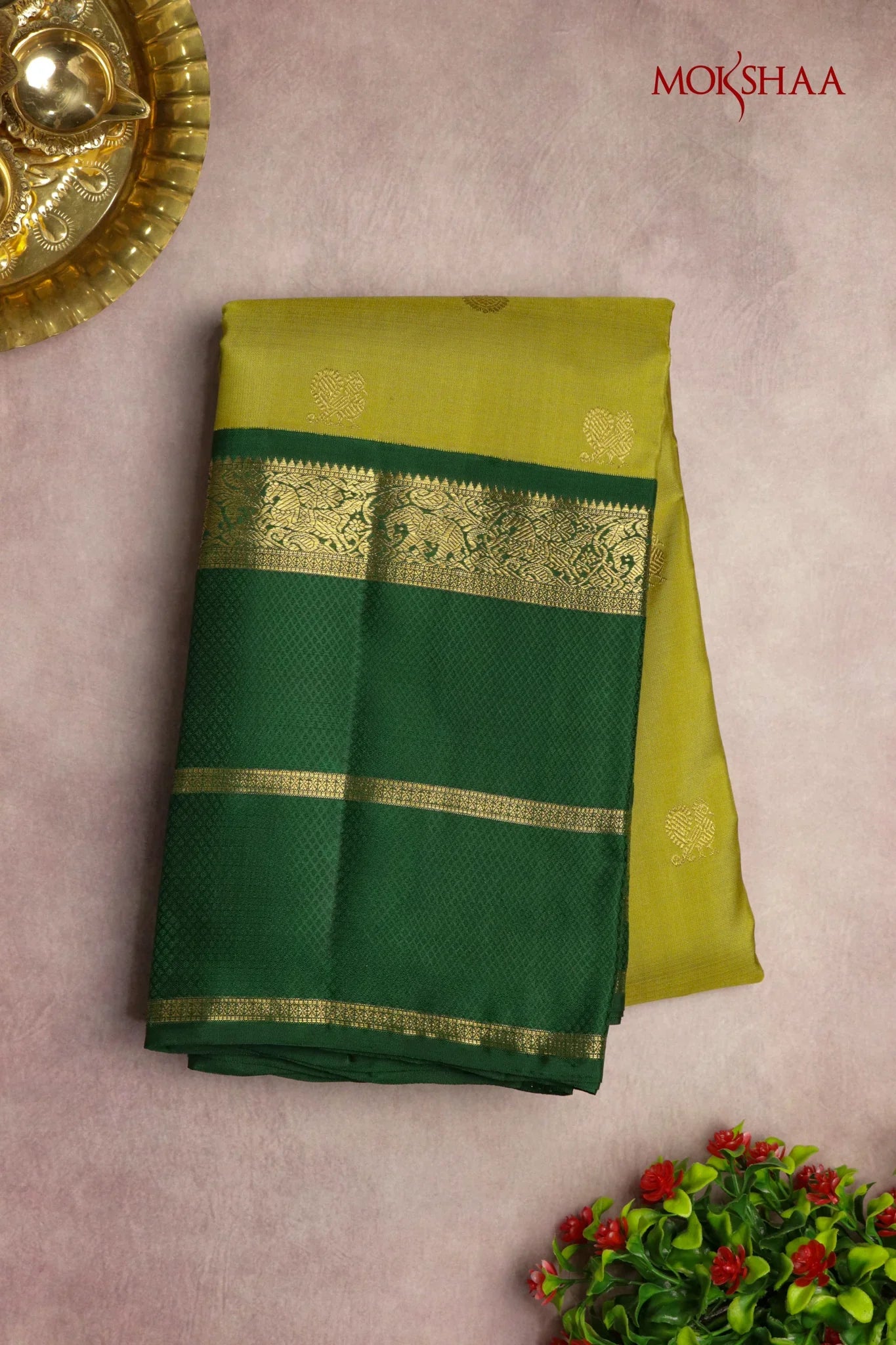 Pista Green Kanchivaram Silk Saree with Contrast Bottle Green Border | Mokshaa