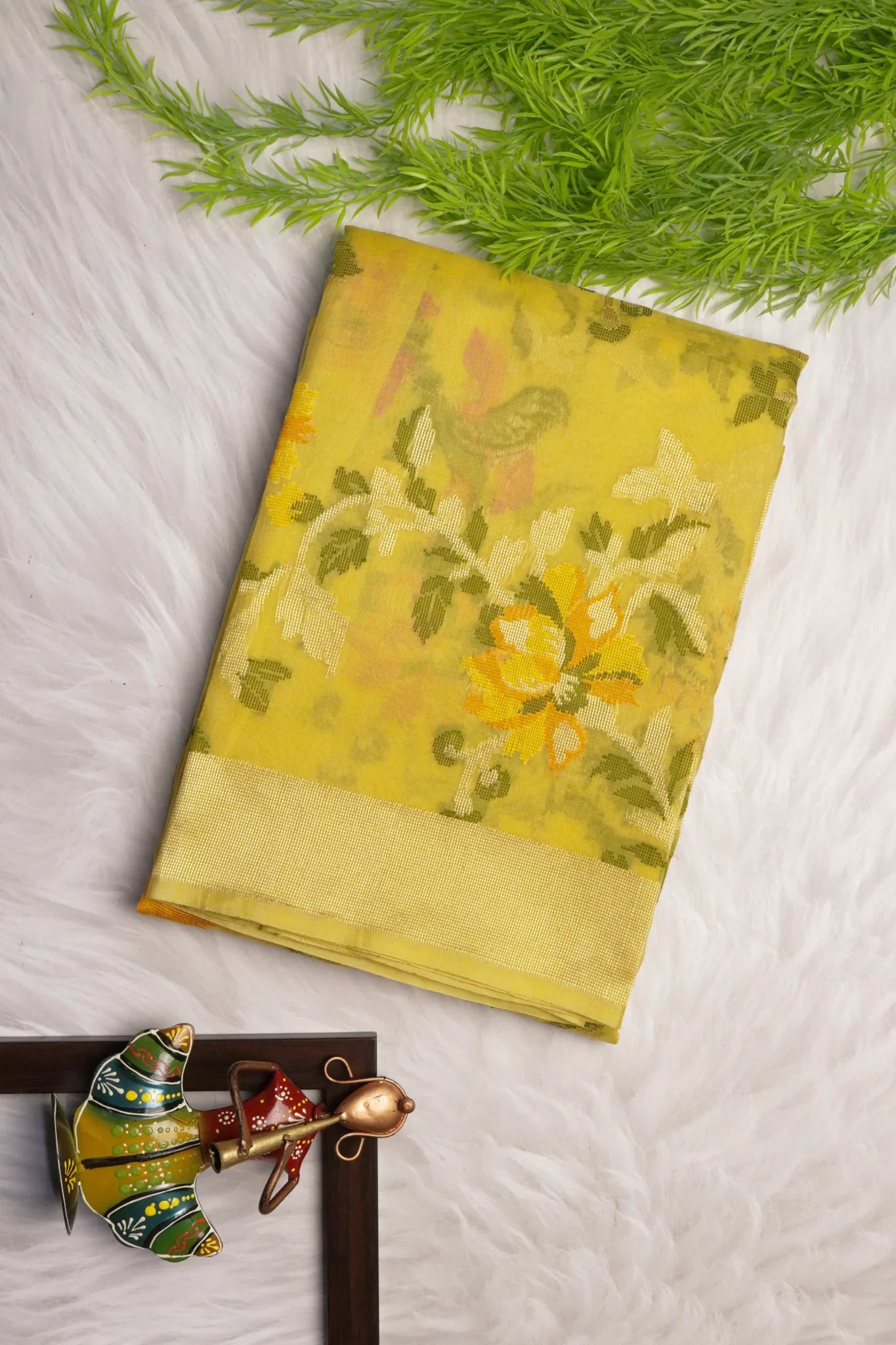 Yellow Banarasi Kora Silk Saree with Zari Multi-Butta | Mokshaa