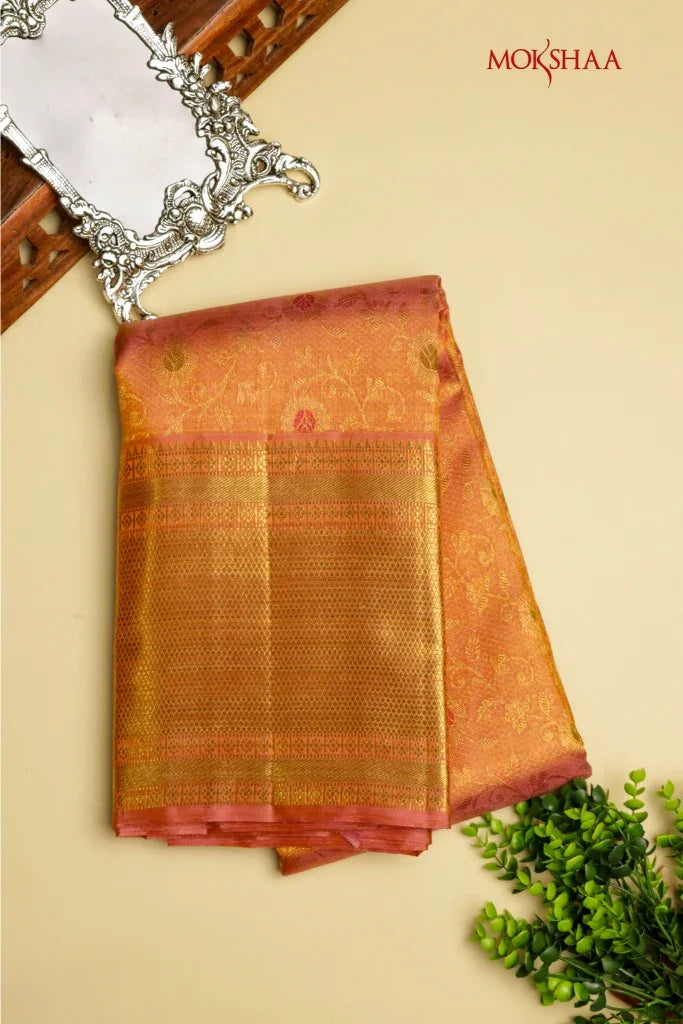 Peach Kanchivaram Silk Saree with Zari & Meena Weaving | Mokshaa
