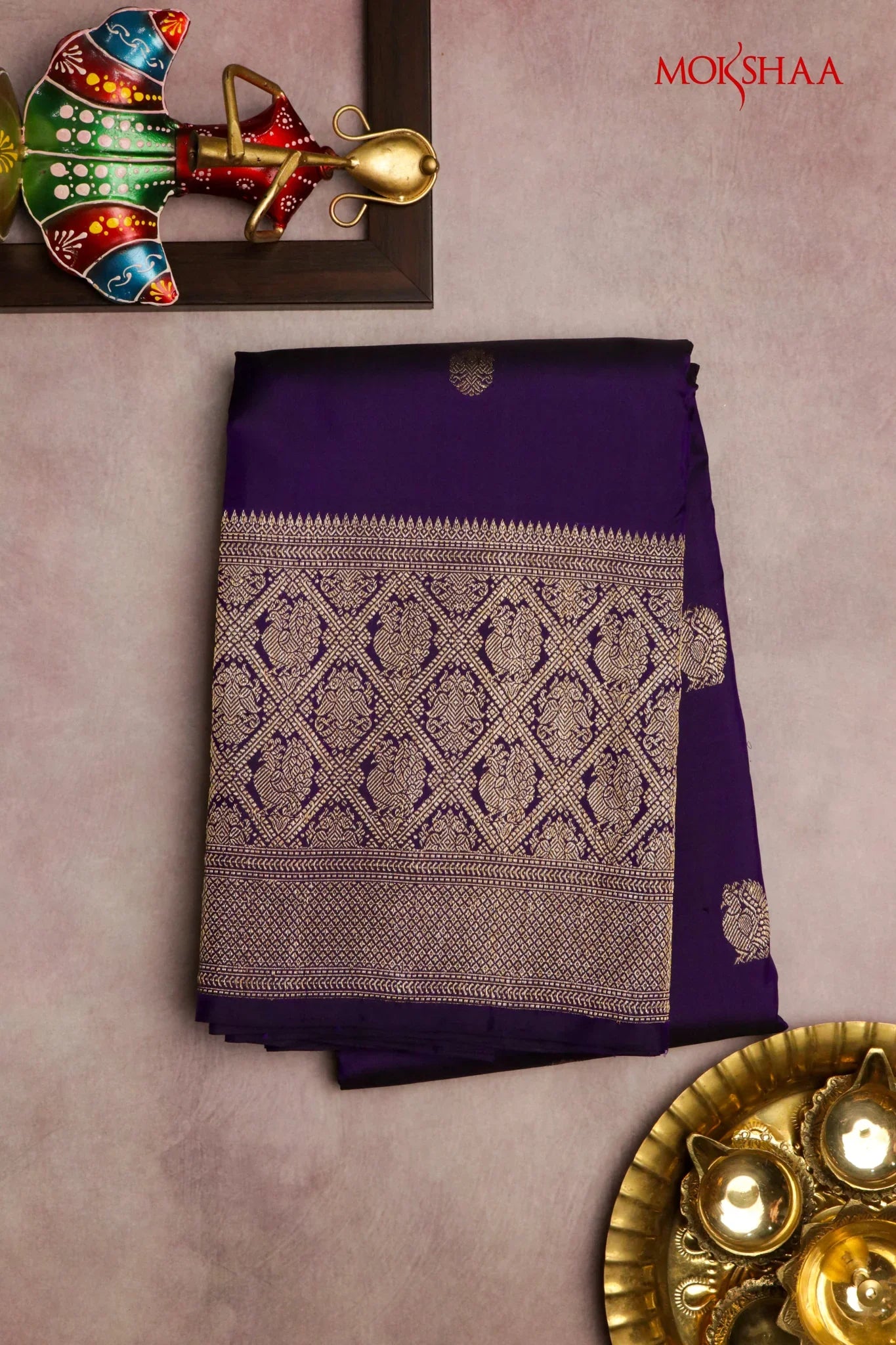 Purple Kanchivaram Silk Saree with Zari Butti & Fancy Border | Mokshaa
