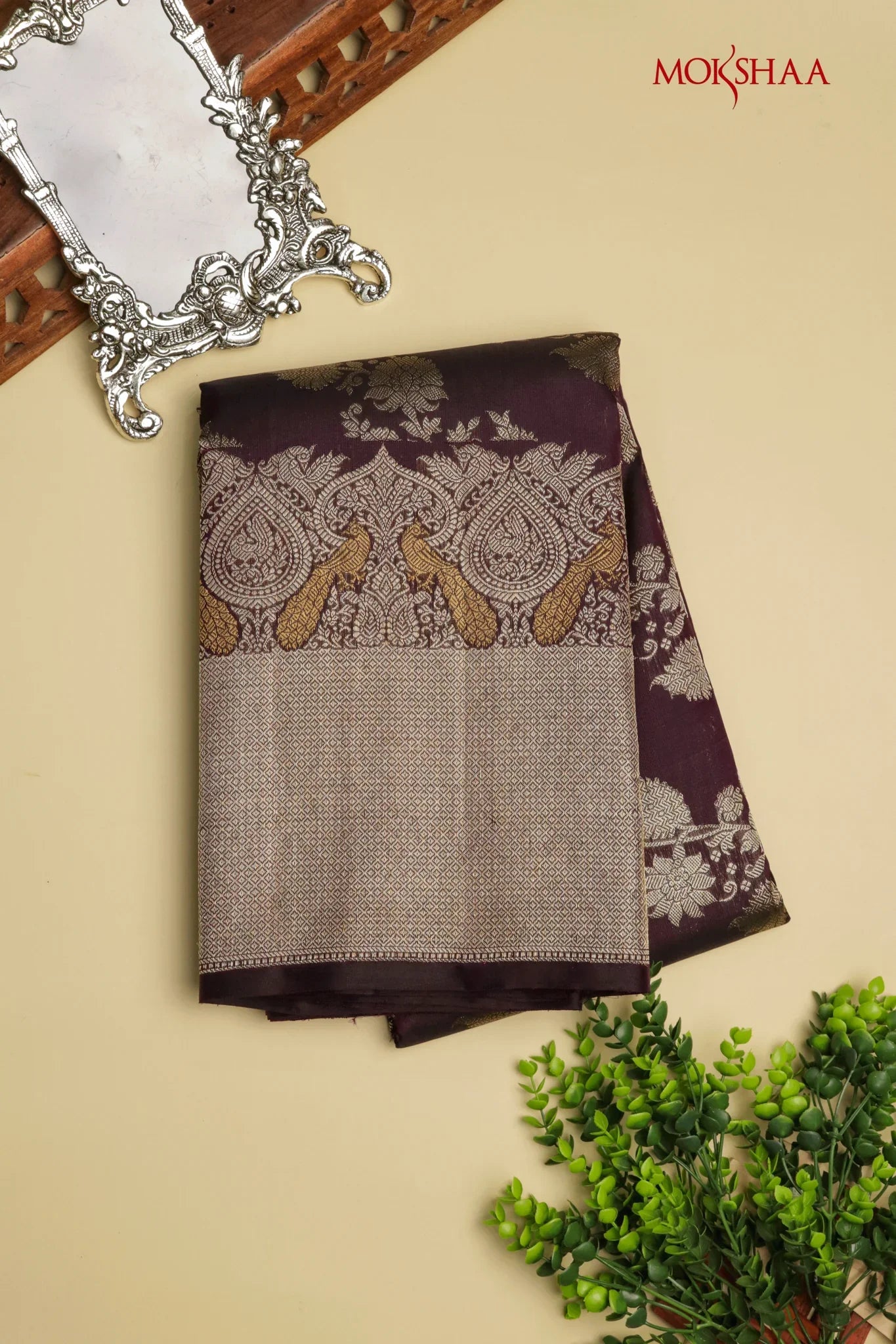 Dark Brown Kanchivaram Silk Saree with Peacock Motif Border | Mokshaa