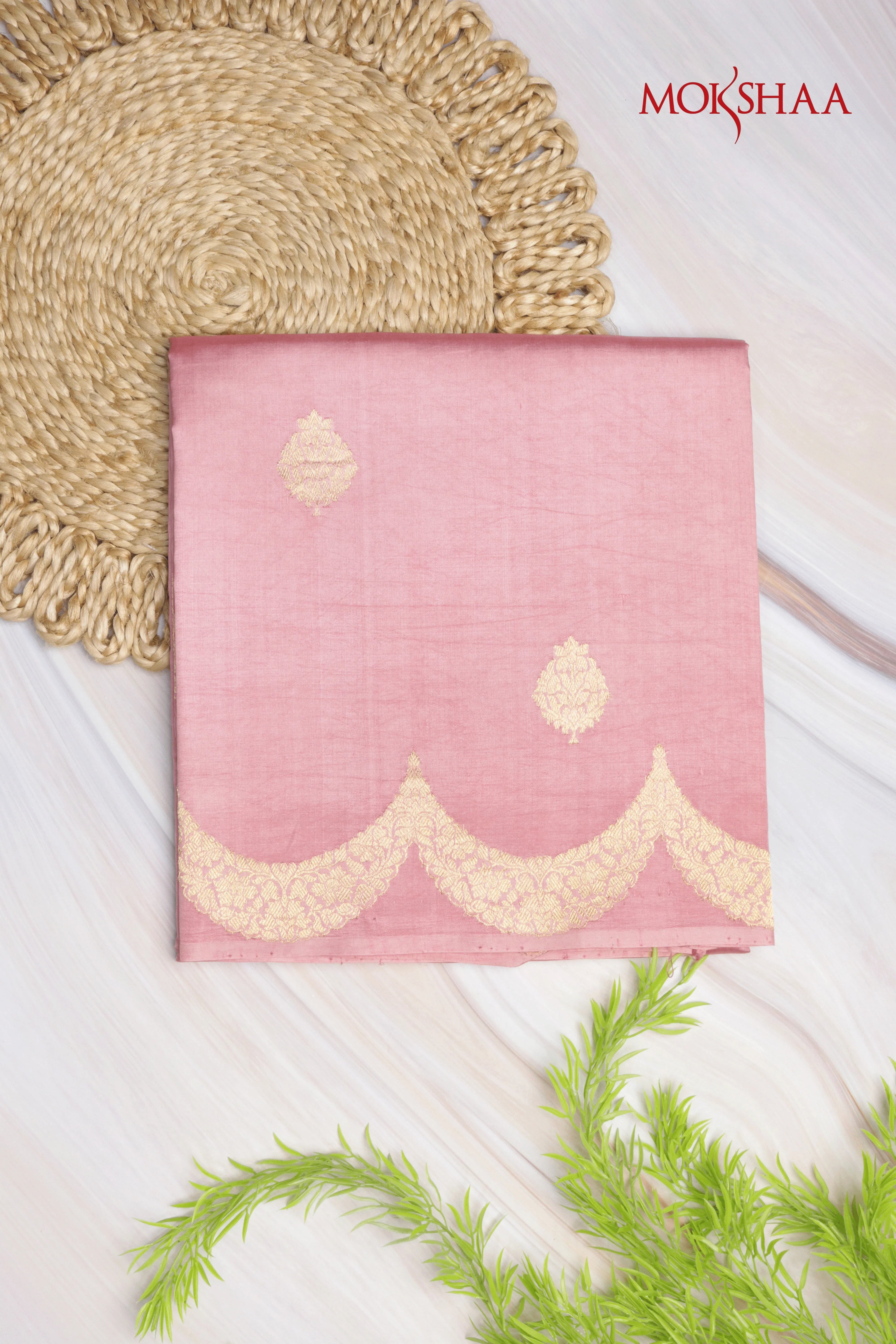 Baby Pink Banarasi Chanderi Silk Saree with Gold Scallop Border | Mokshaa