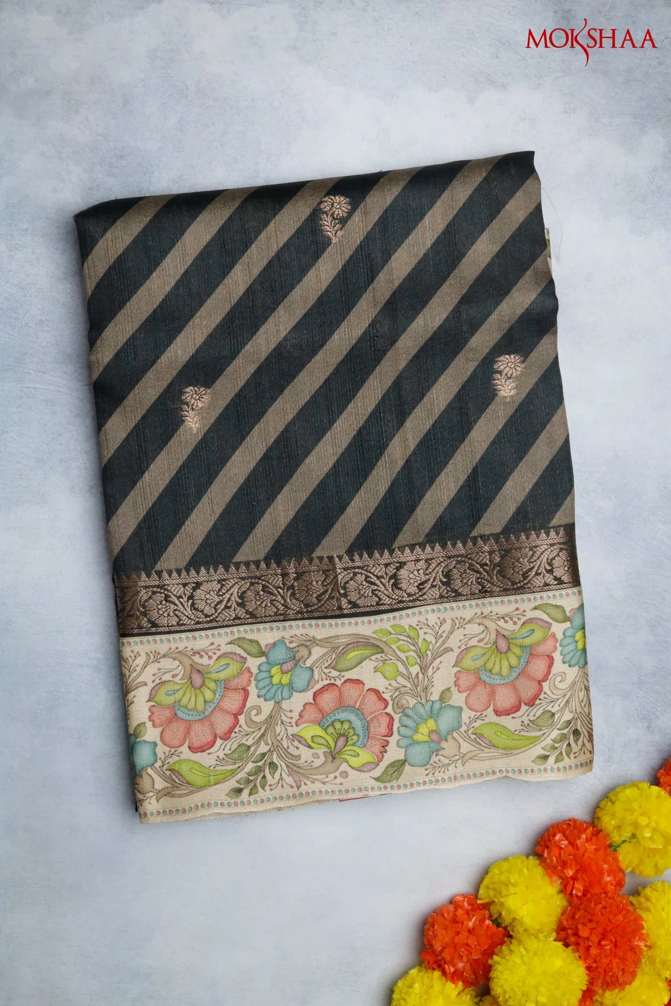 Black & Grey Banaras Tussar Silk Saree with Zari Motifs & Kalamkari Border | Mokshaa