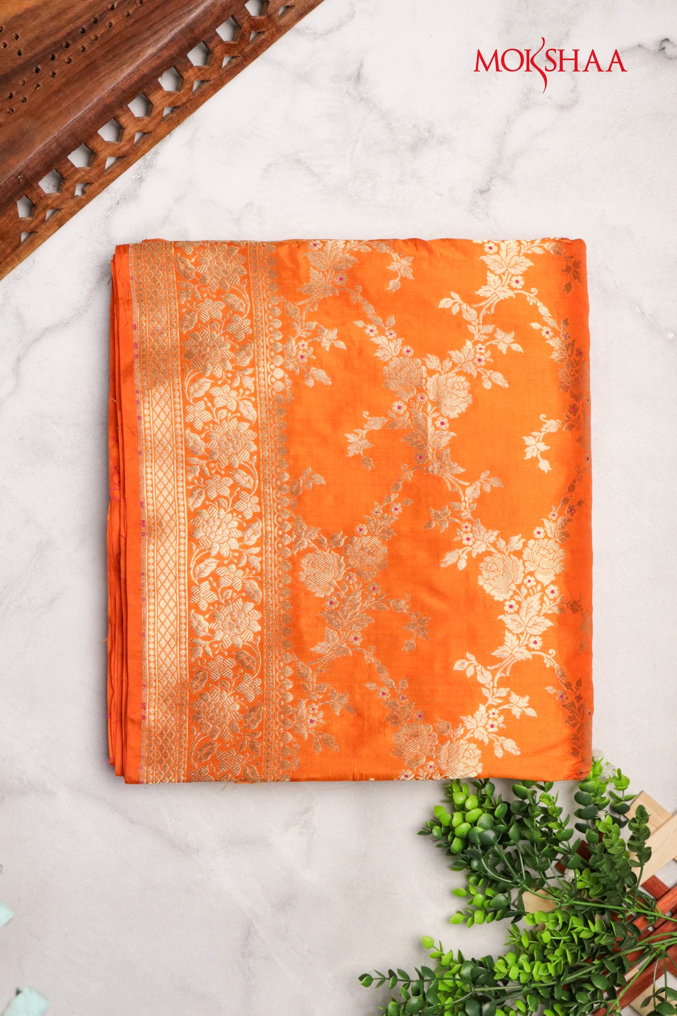 Orange Banarasi Silk Saree with Zari Jaal