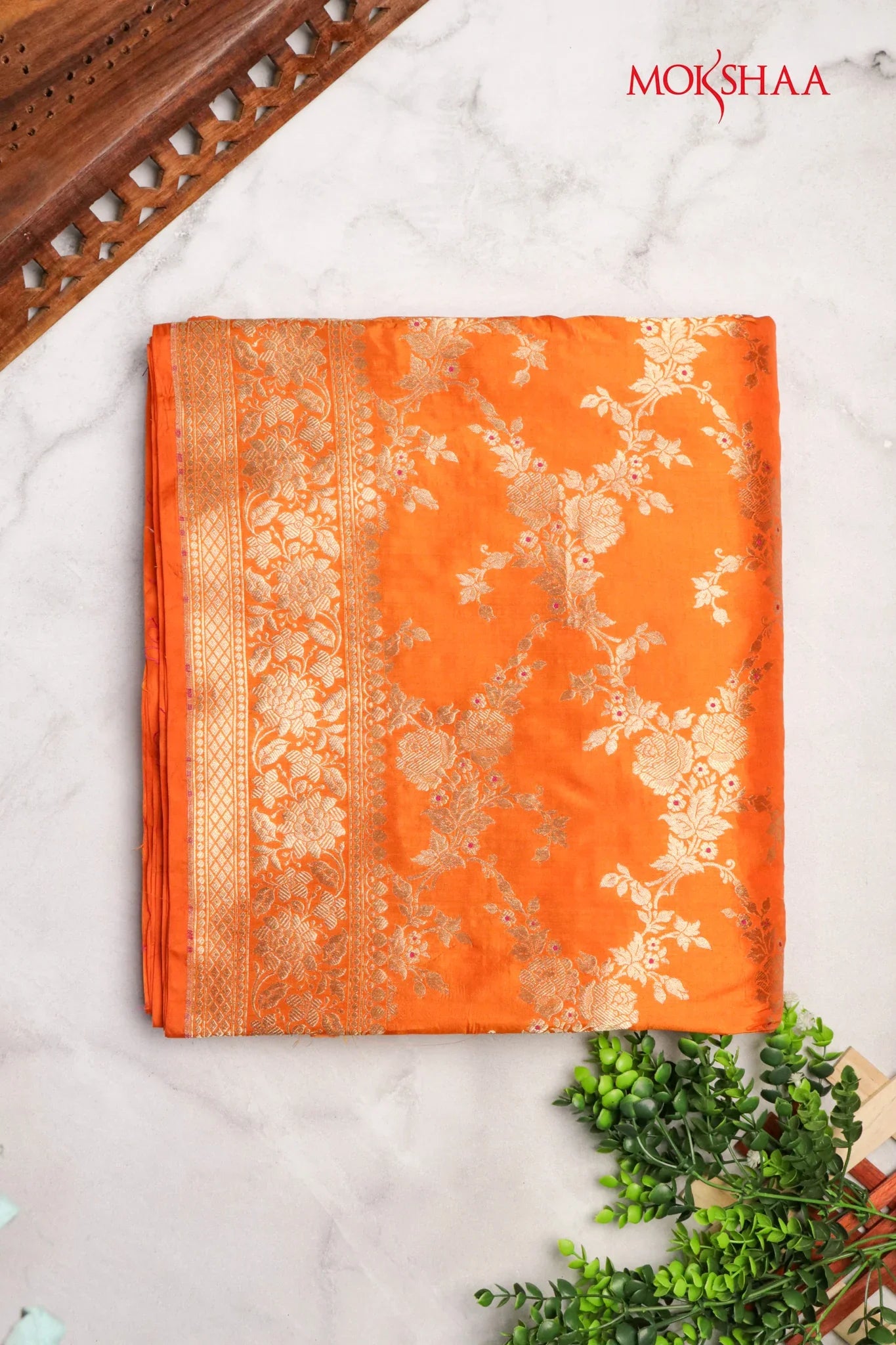 Orange Banarasi Silk Saree with Zari Jaal | Mokshaa
