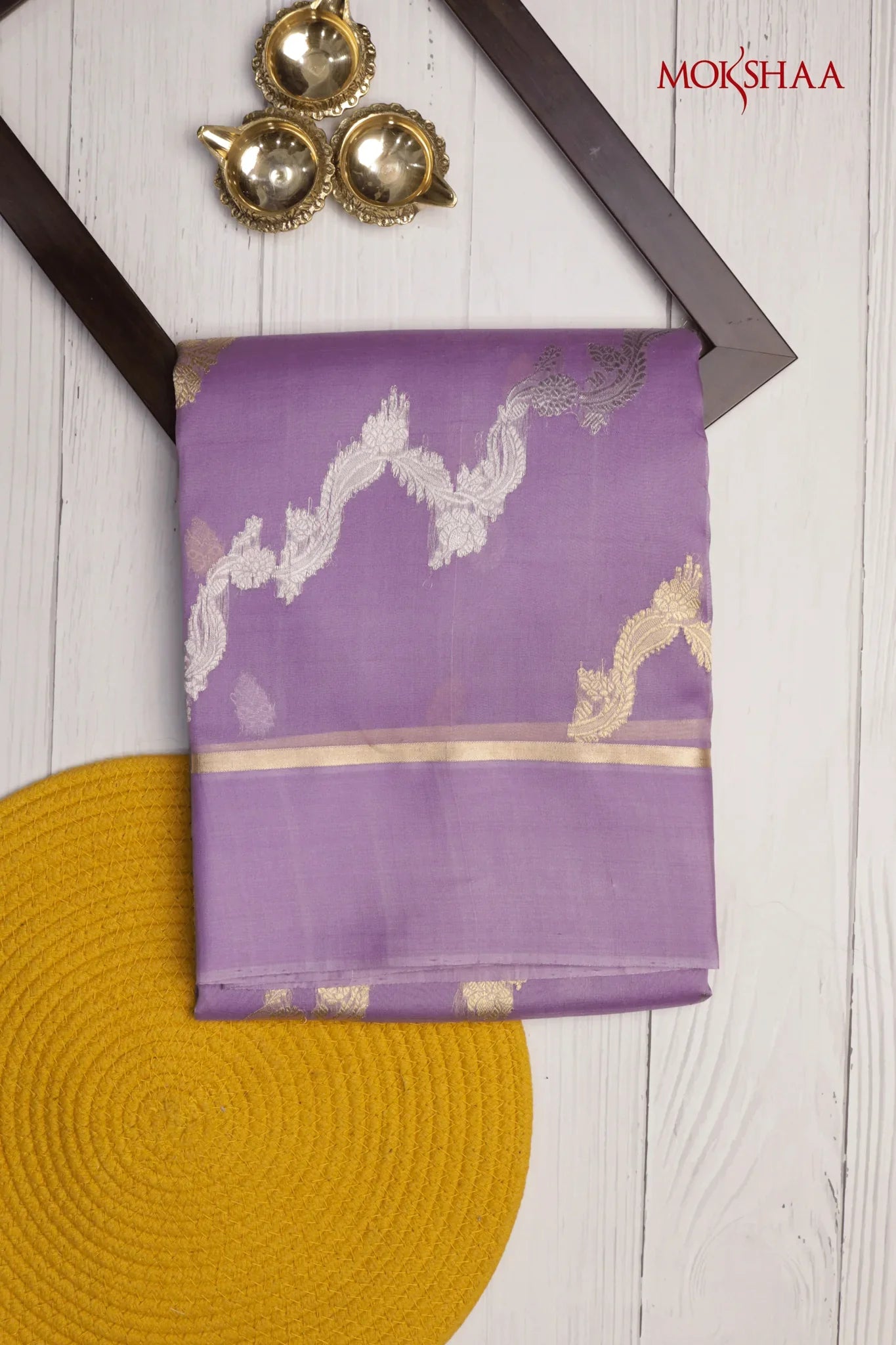 Lavender Banarasi Kora Saree with Gold & Silver Zari Motifs - Mokshaa