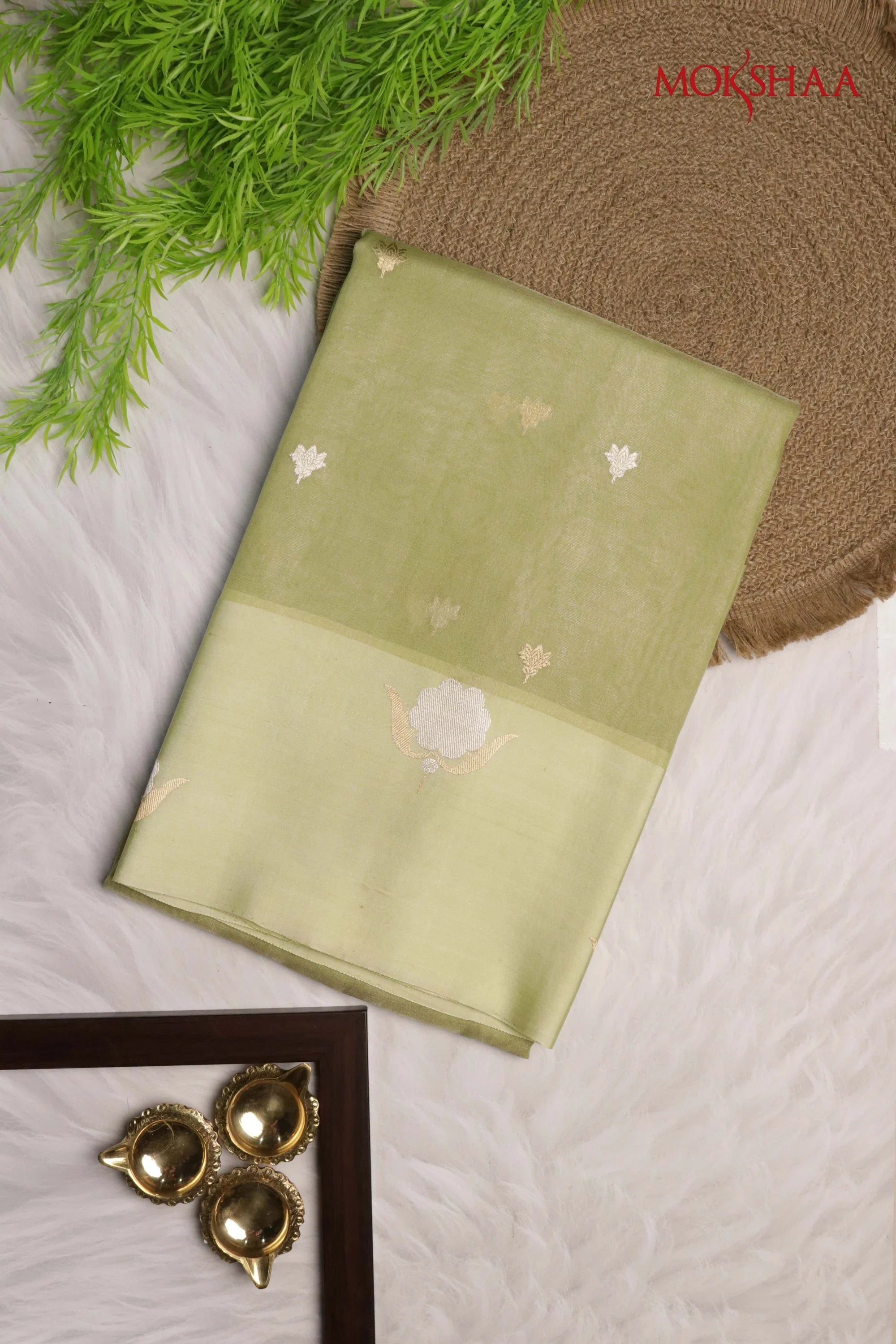 Pista Green Banarasi Tissue Silk Saree with Satin Border | Mokshaa