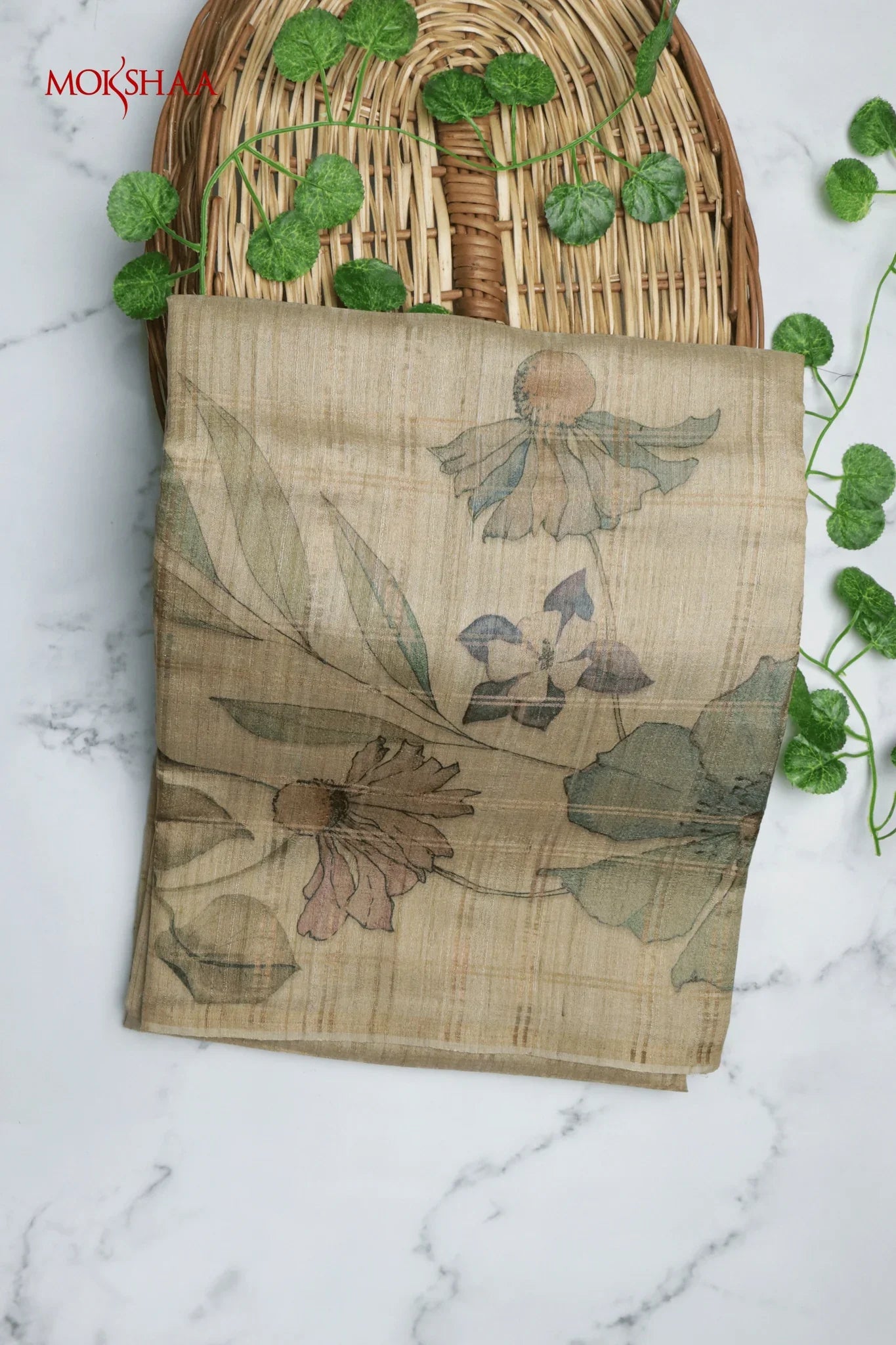 Beige Tussar Silk Saree with Zari Checks & Floral Print | Mokshaa