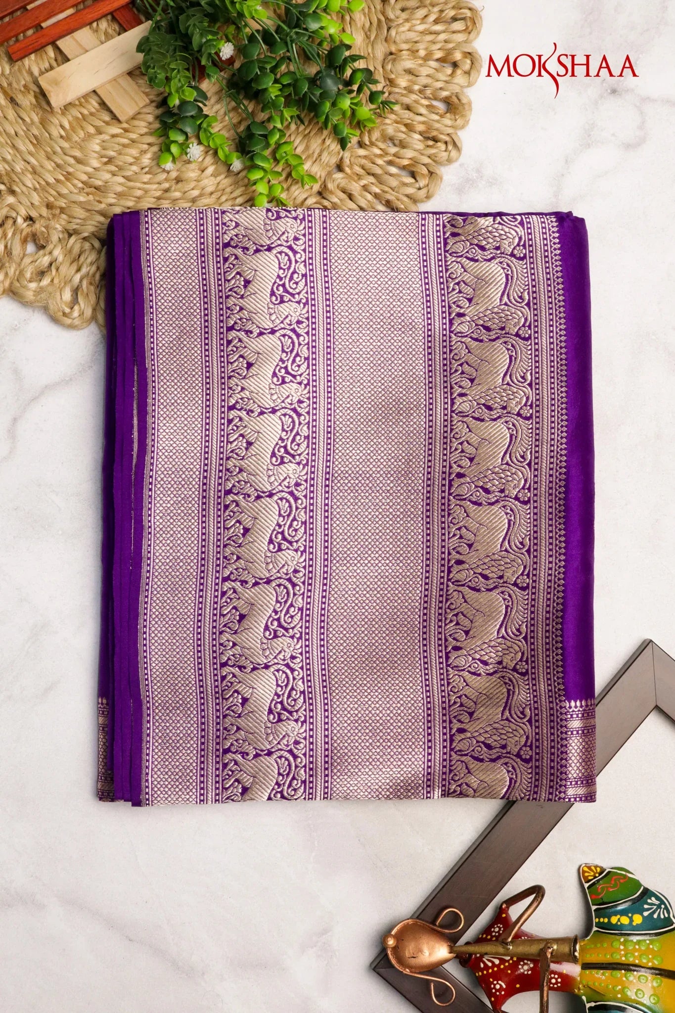 Purple Banarasi Silk Saree with Tiger Motifs | Mokshaa