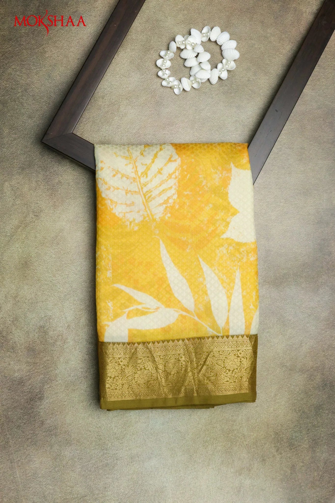 Yellow Printed Silk Saree with Zari Border | Mokshaa