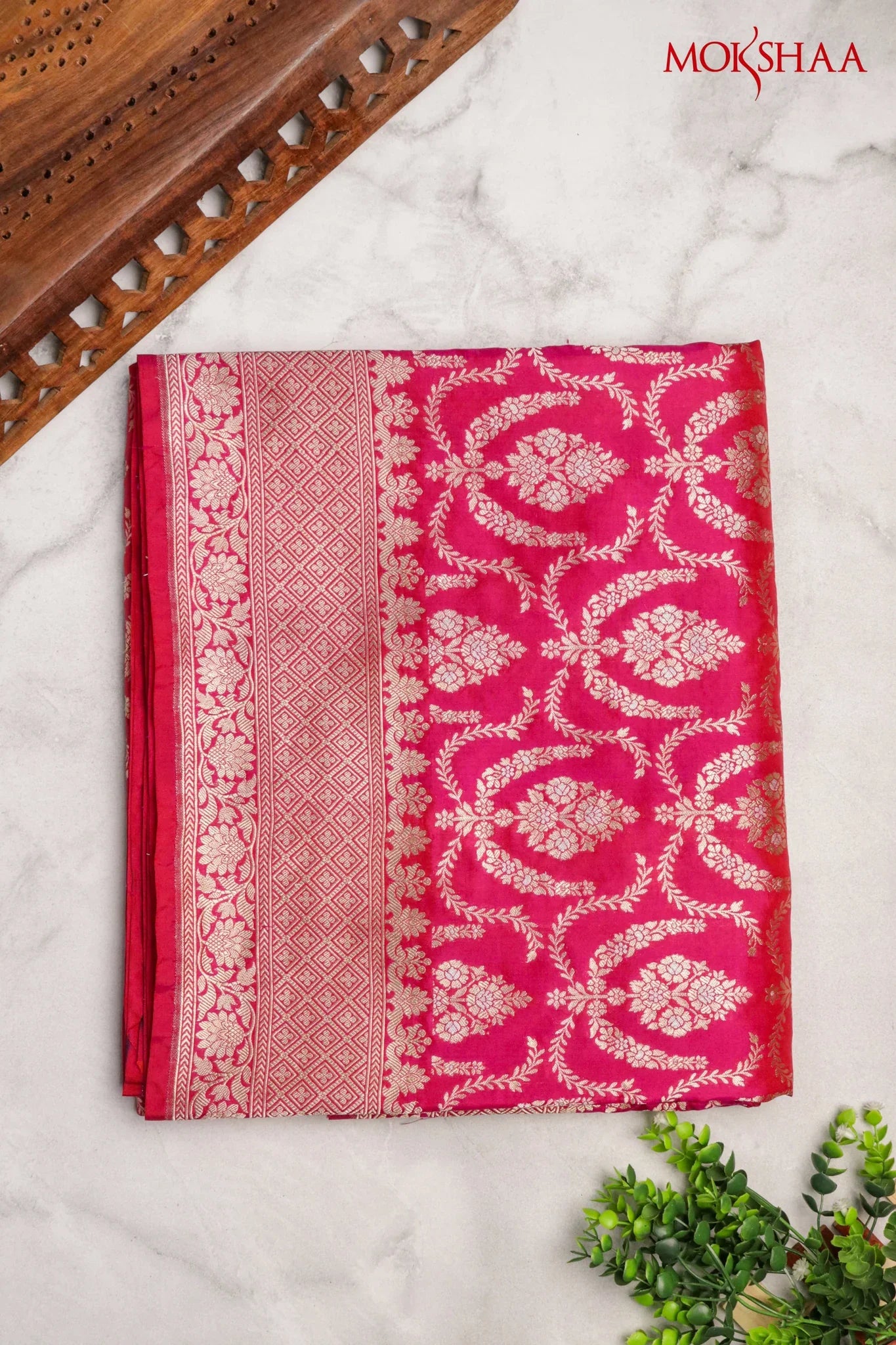Rani Pink Banarasi Silk Saree with Zari Jaal & Intricate Border | Mokshaa