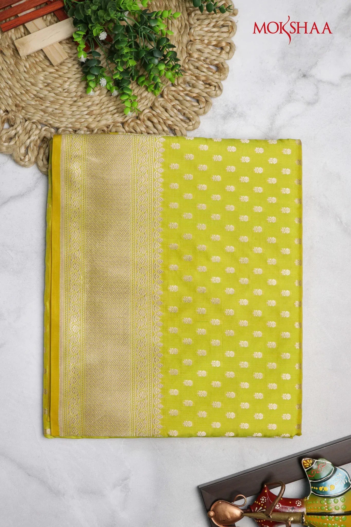 Lemon Yellow Banarasi Silk Saree with Small Butti & Zari Border | Mokshaa