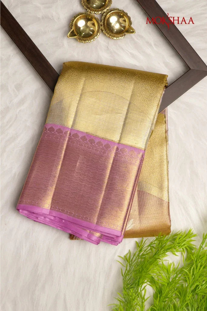 Golden Silver Tissue Silk Kanchivaram Saree with Light Pink Contrast Border | Mokshaa