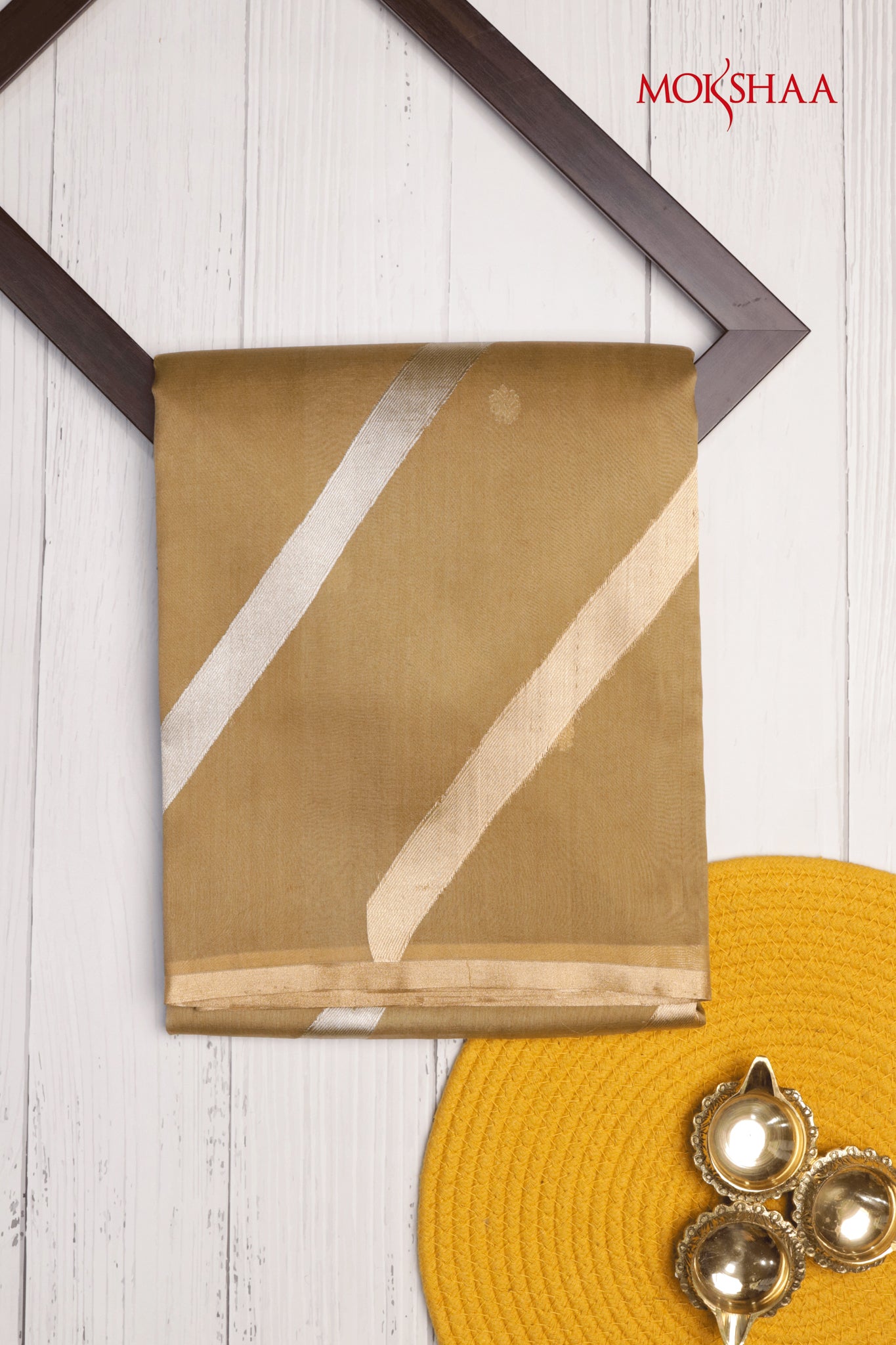 Golden Brown Banarasi Kora Saree with Silver & Gold Diagonal Weaves