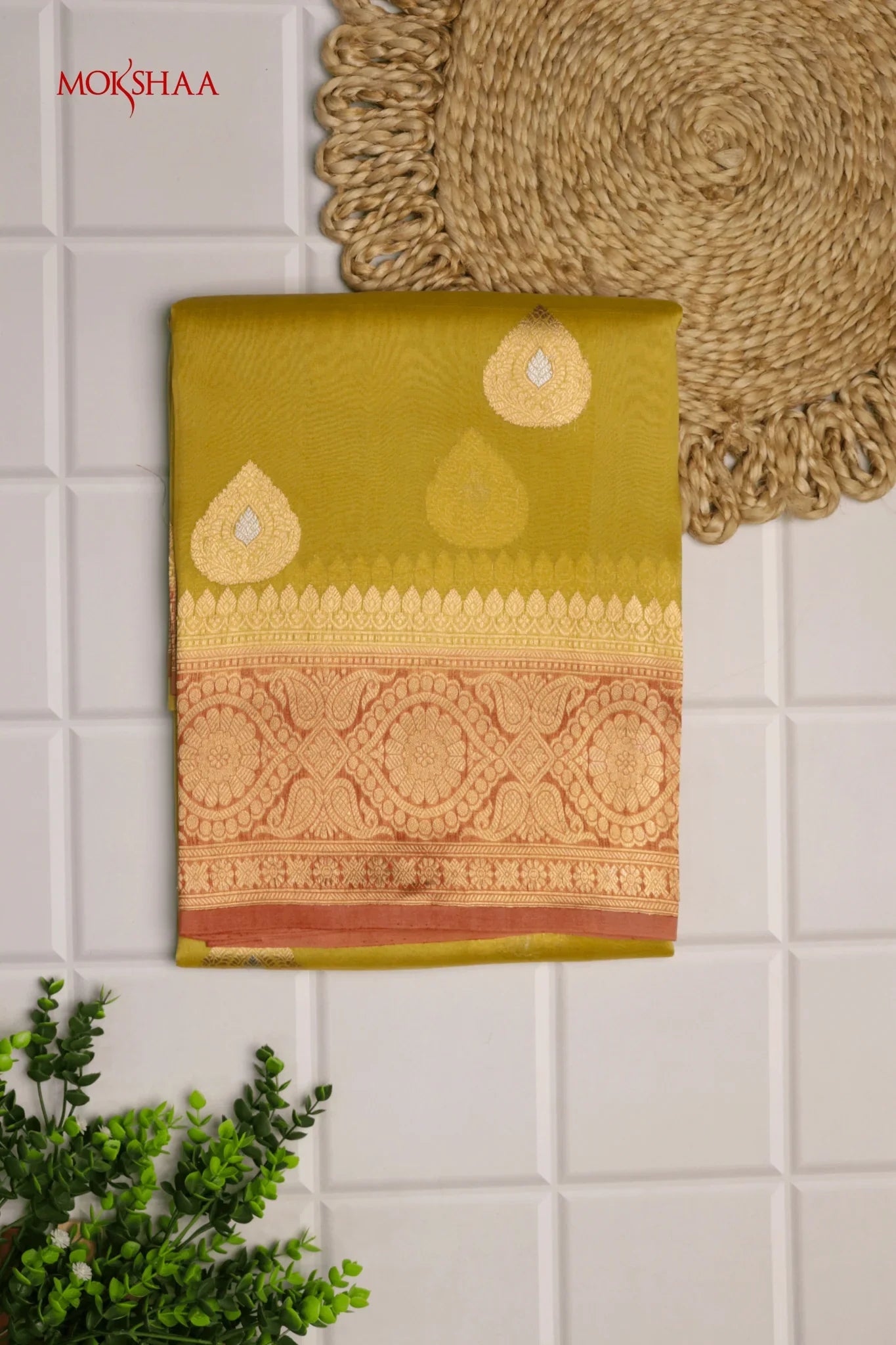 Greenish Yellow Banarasi Kora Saree with Gold-Silver Motifs & Contrast Blouse | Mokshaa