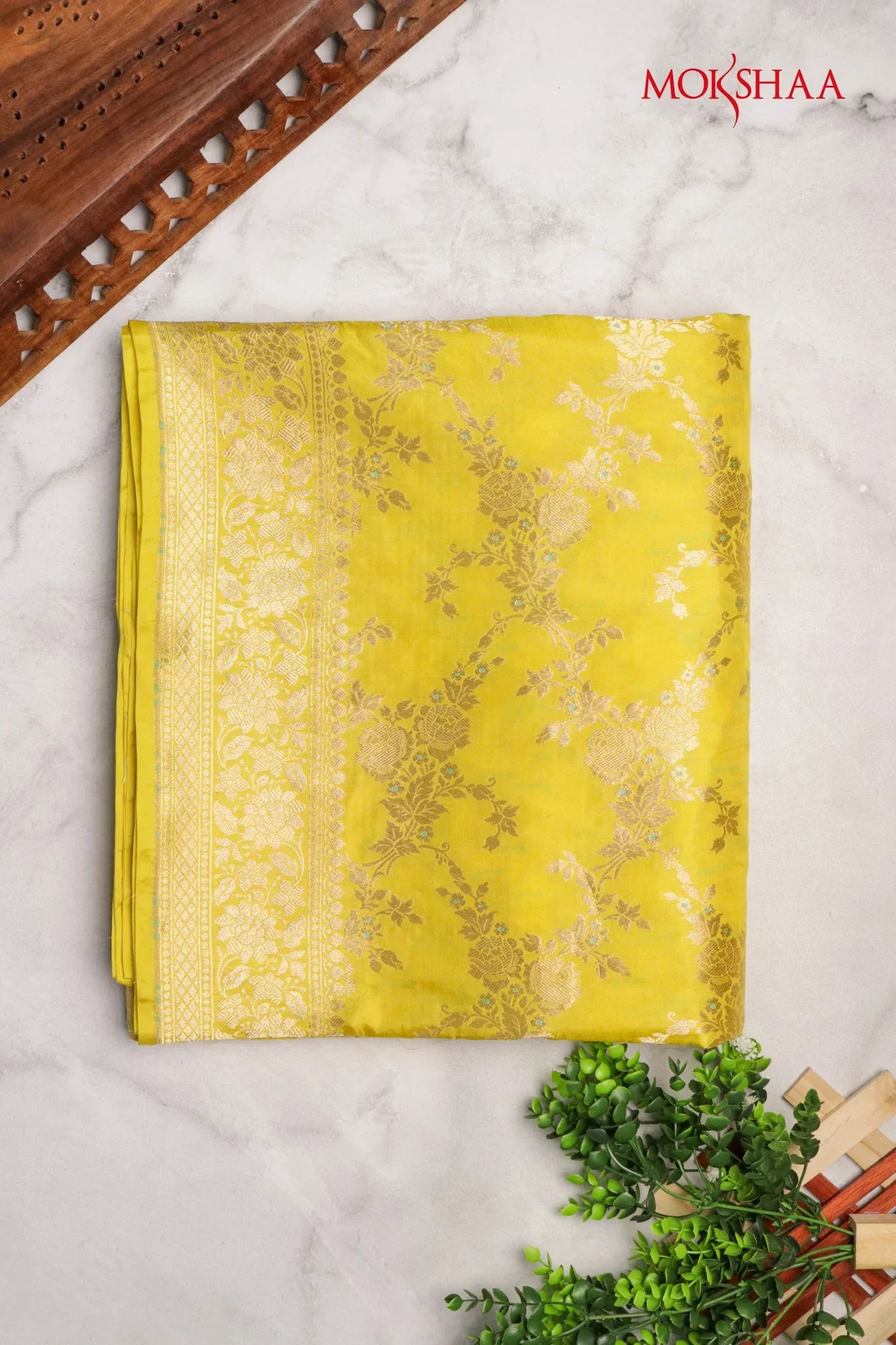Lemon Yellow Banarasi Silk Saree with Zari Jaal | Mokshaa