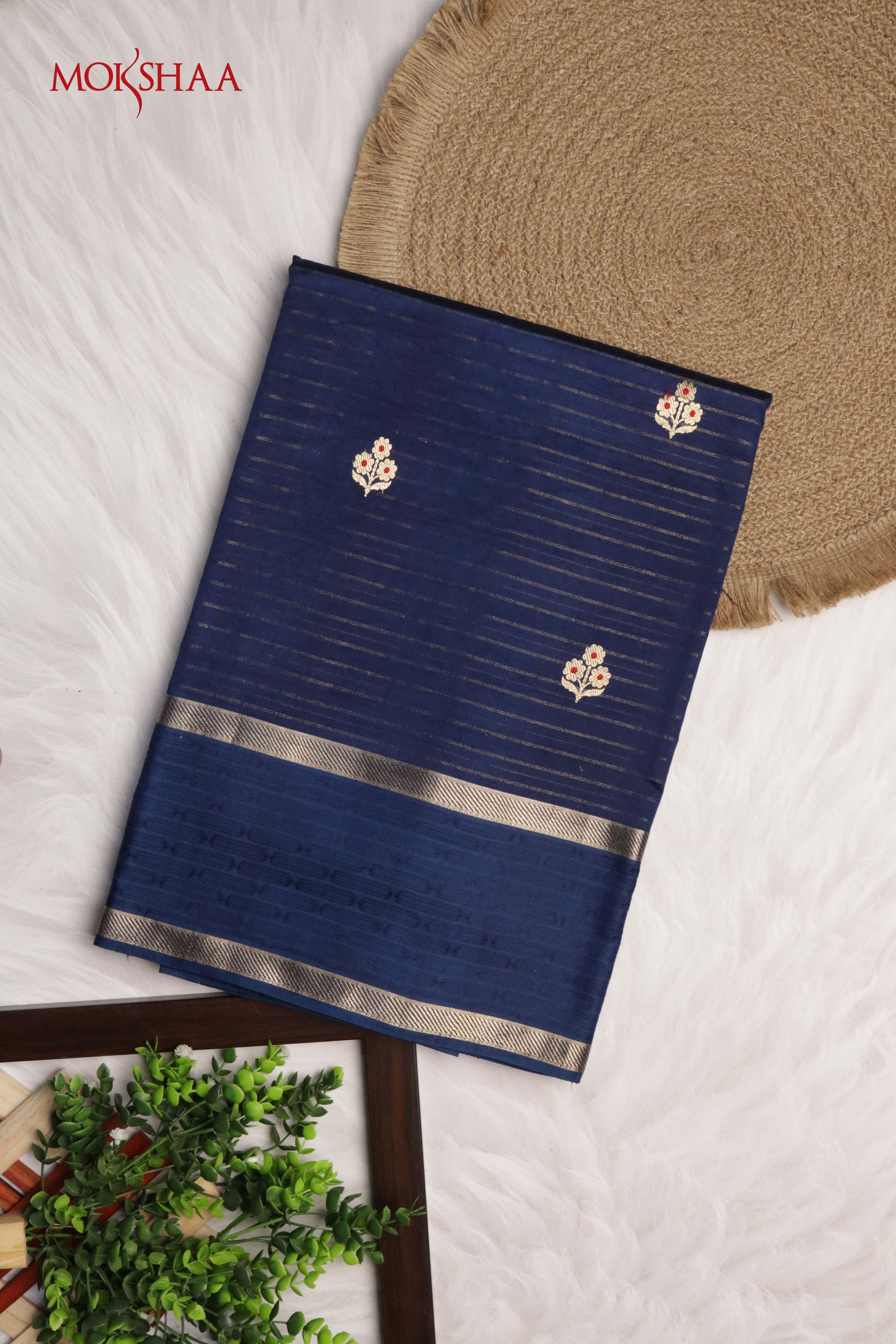 Blue Banarasi Chanderi Silk Saree with Zari Stripes and Butti | Mokshaa