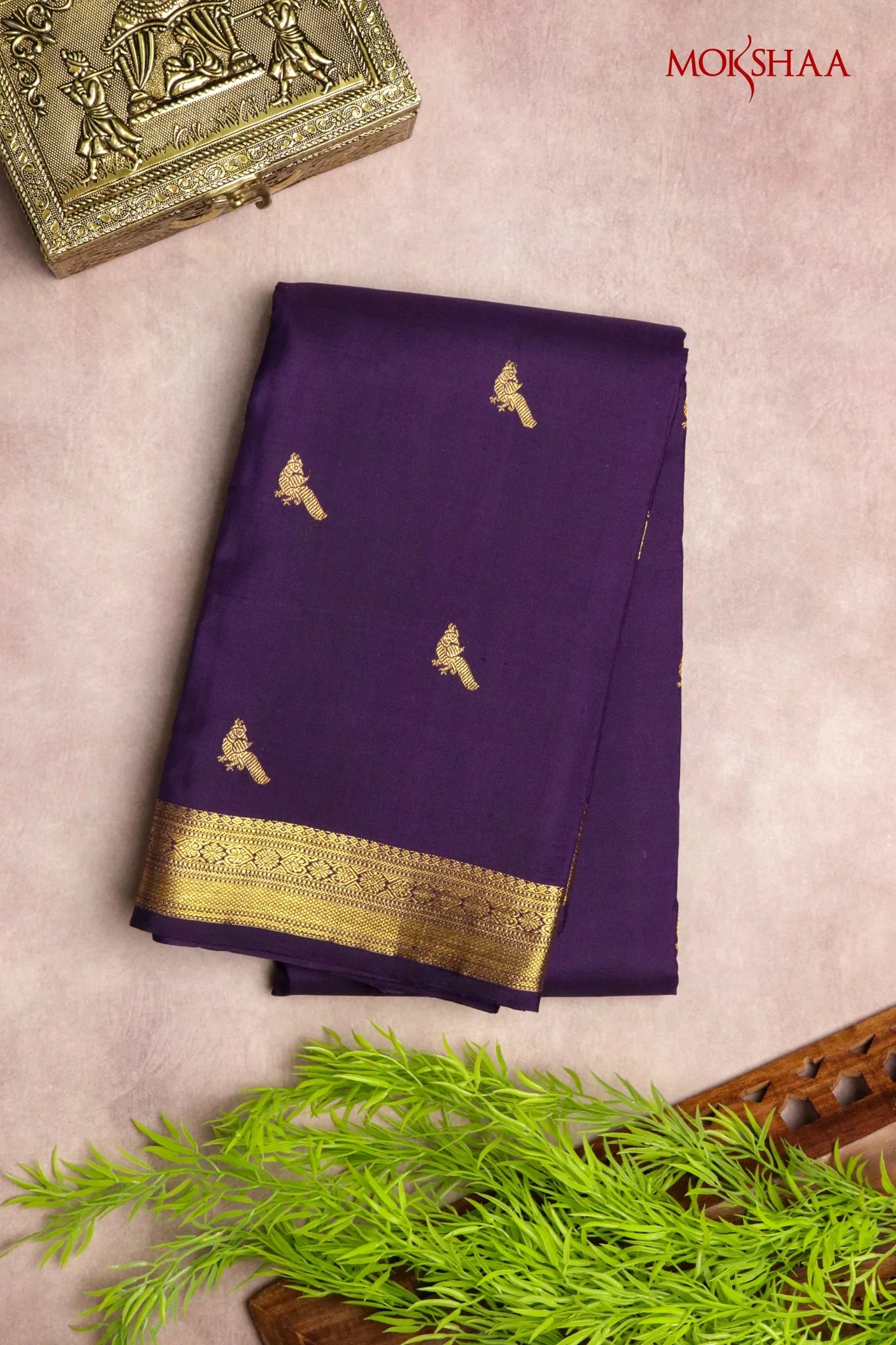 Purple Kanchivaram Silk Saree with Birds Butti & Zari Border | Mokshaa