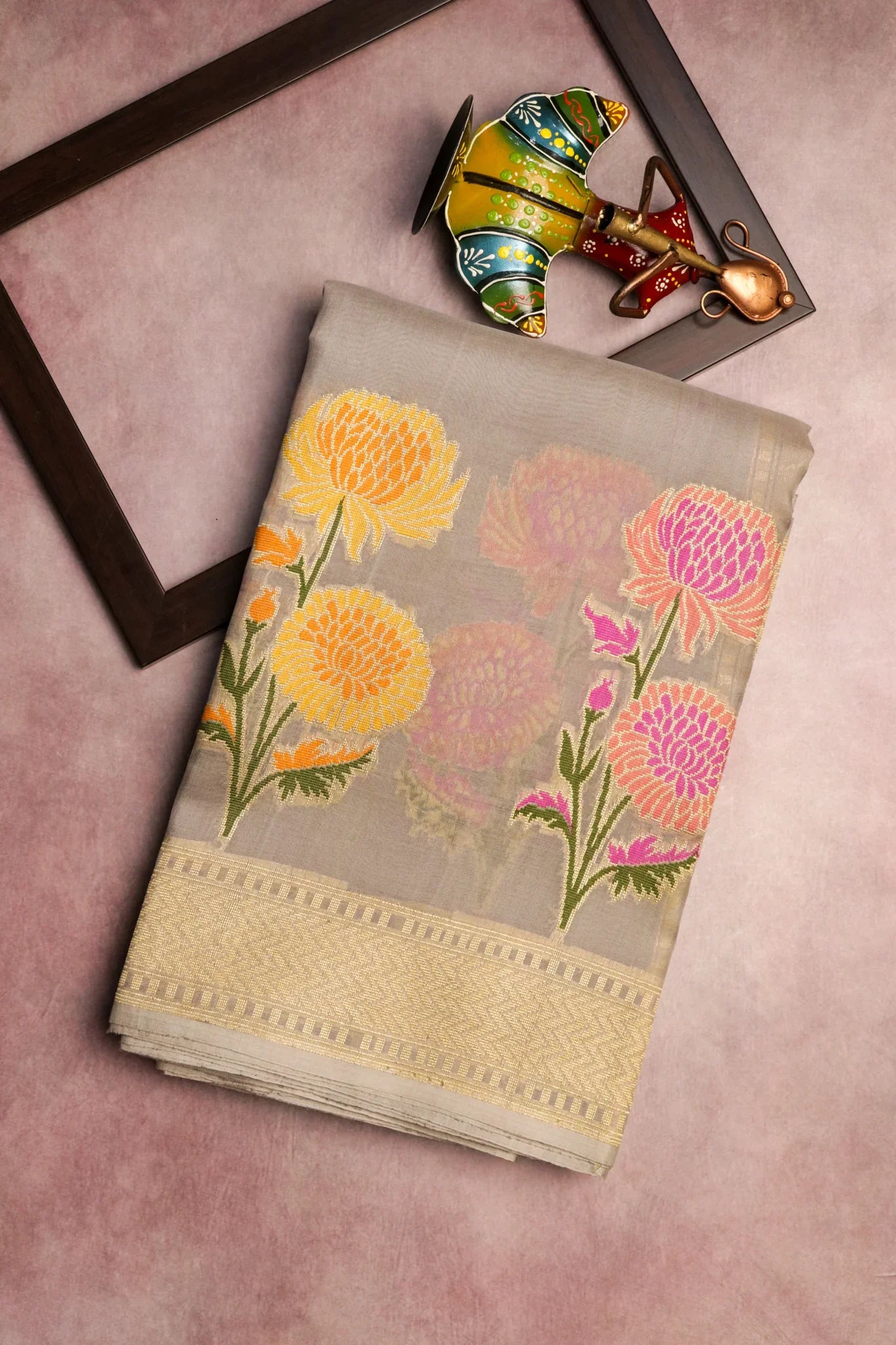 Ash Grey Banarasi Kora Silk Saree with Zari & Thread Woven Border | Mokshaa