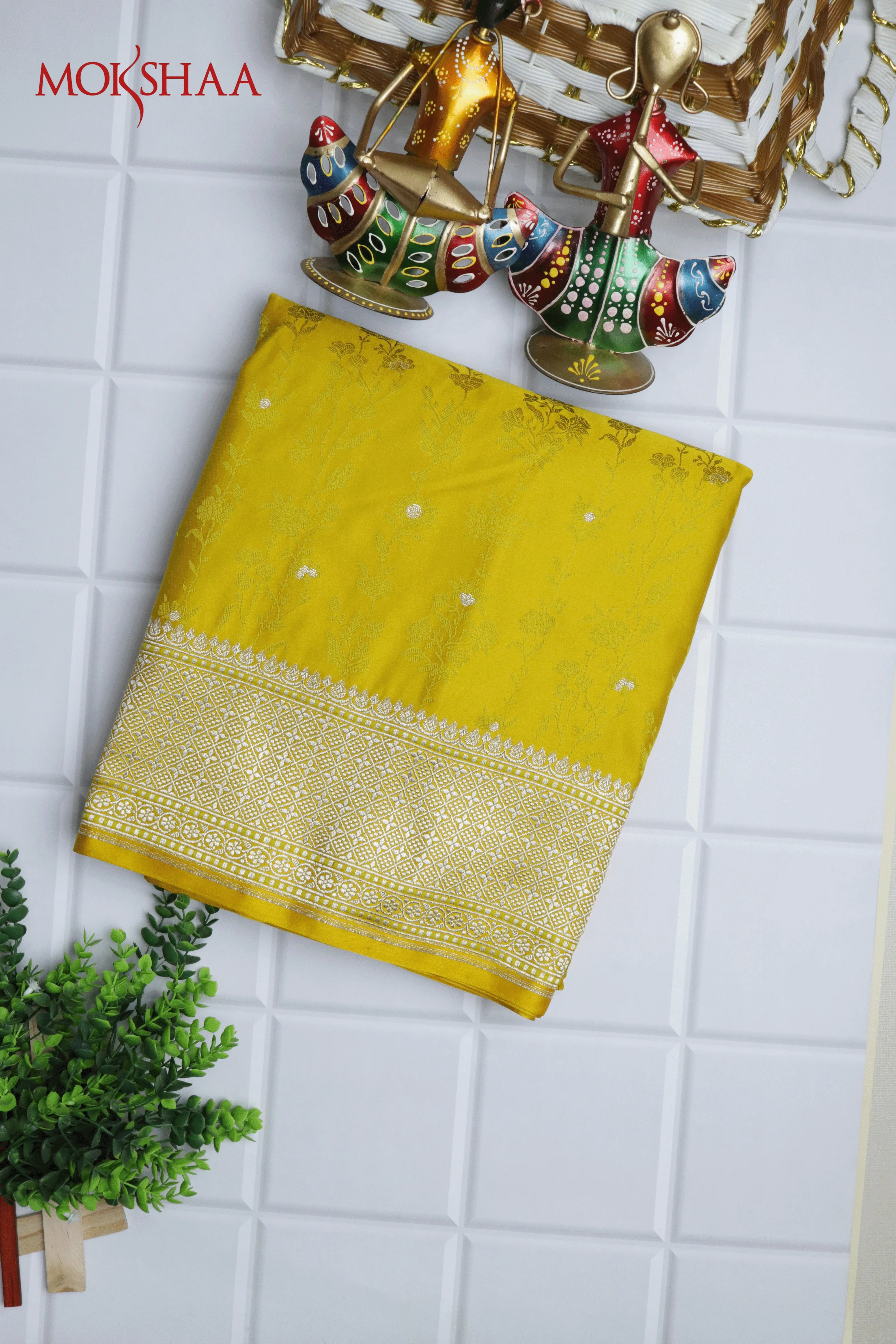 Yellow Banarasi Semi Silk Saree with Thread Weaving, Zari Butti & Woven Border | Mokshaa