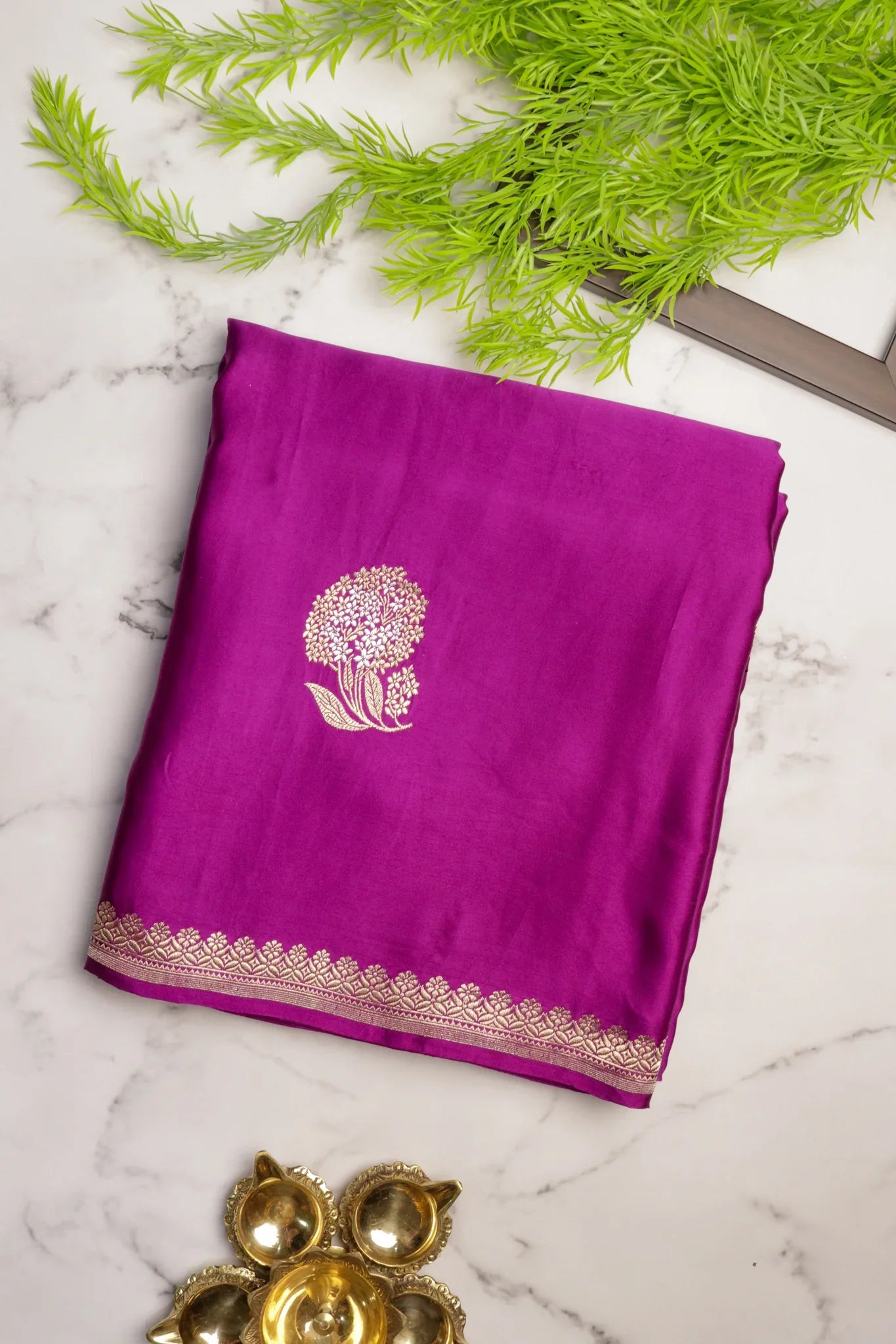 Magenta Pink Banaras Mashroom Silk Saree with Silver & Fancy Zari Butta Border | Mokshaa