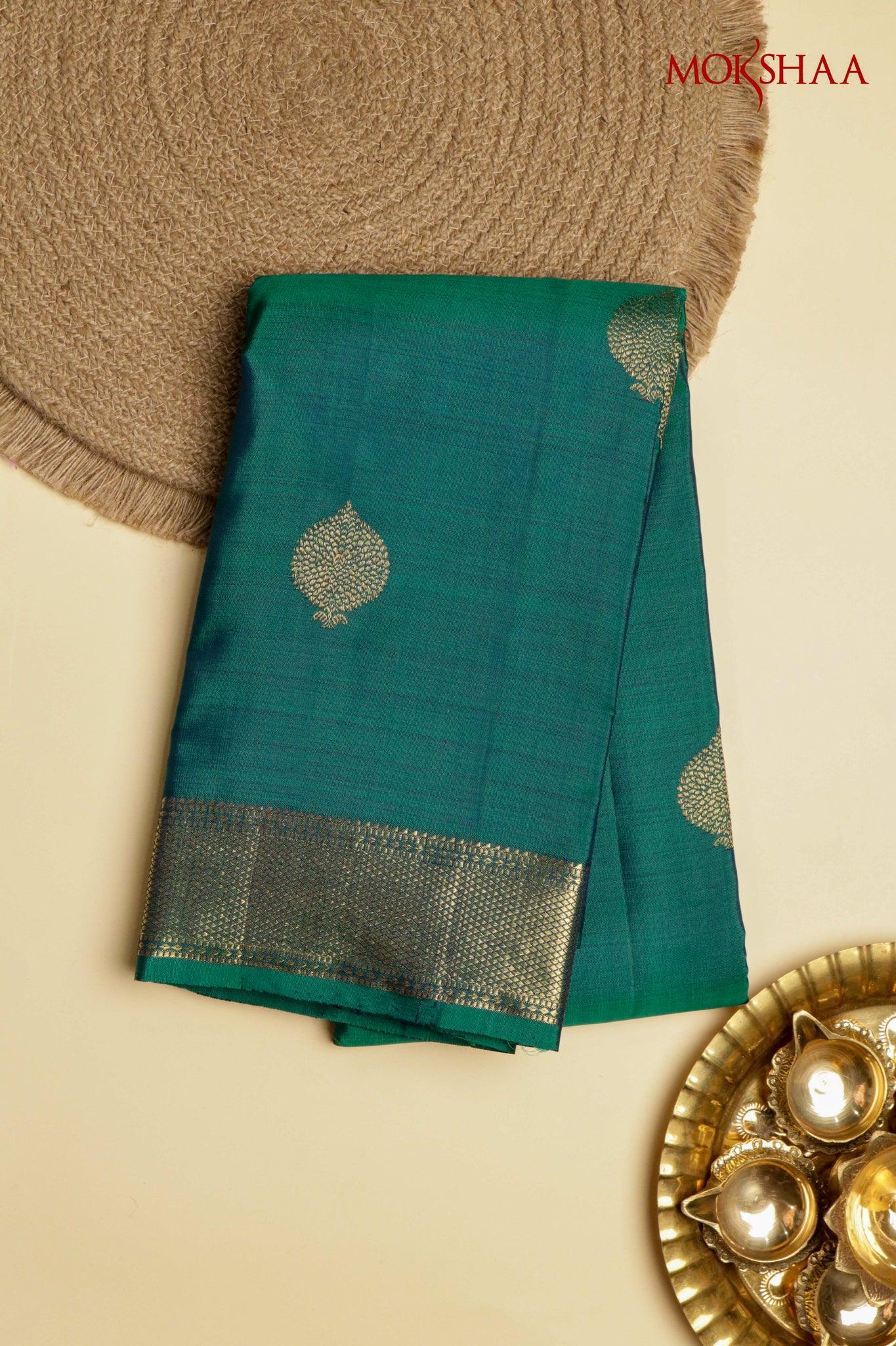 Peacock Green Kanchivaram Silk Saree with Zari Butta | Mokshaa