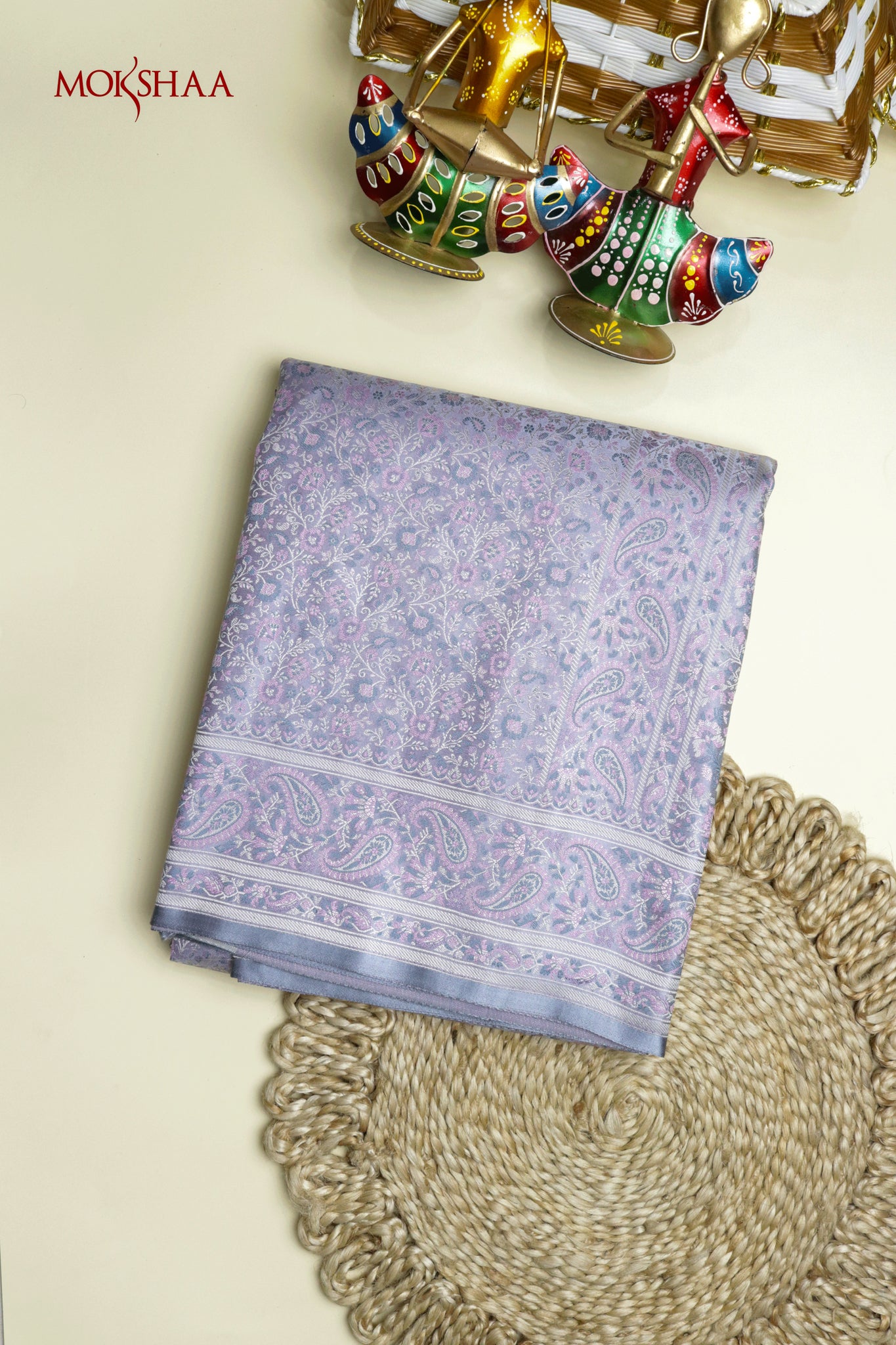 Ash Grey Banarasi Semi-Silk Saree with All-Over Thanchuvi Weaving