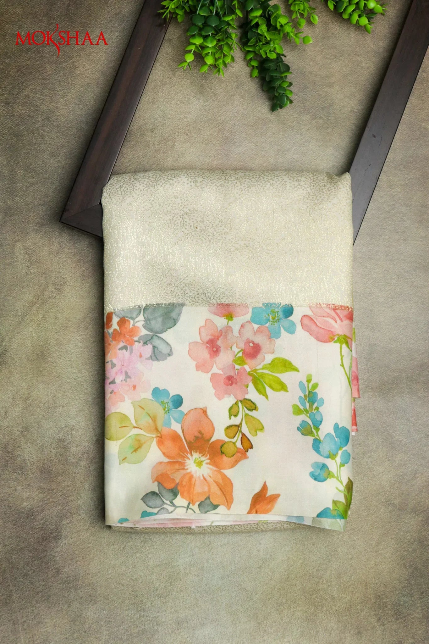 Light Gold Silk Saree with Jaal Zari & Floral Print Border | Mokshaa