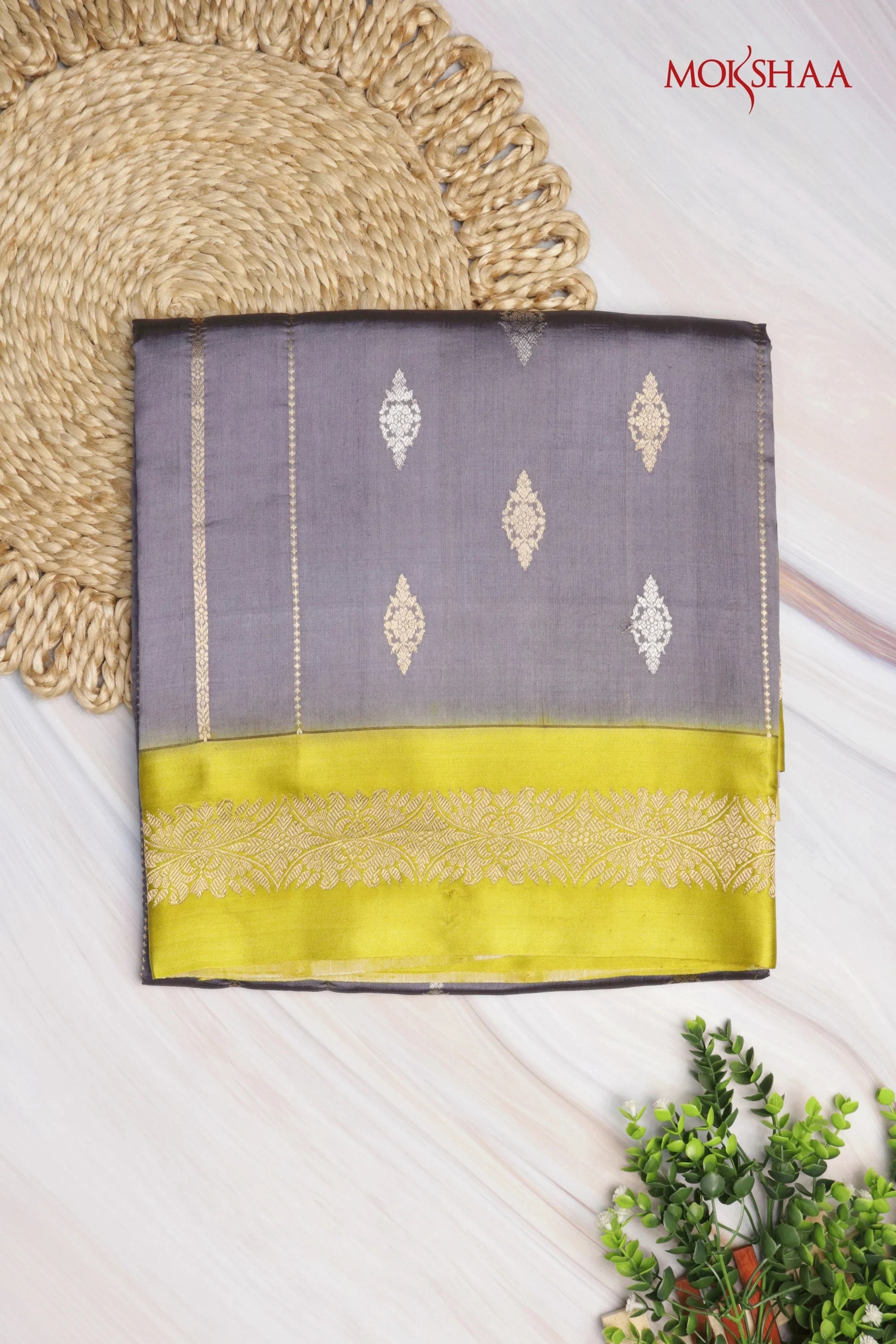 Hash Grey & Olive Banarasi Chanderi Silk Saree | Mokshaa