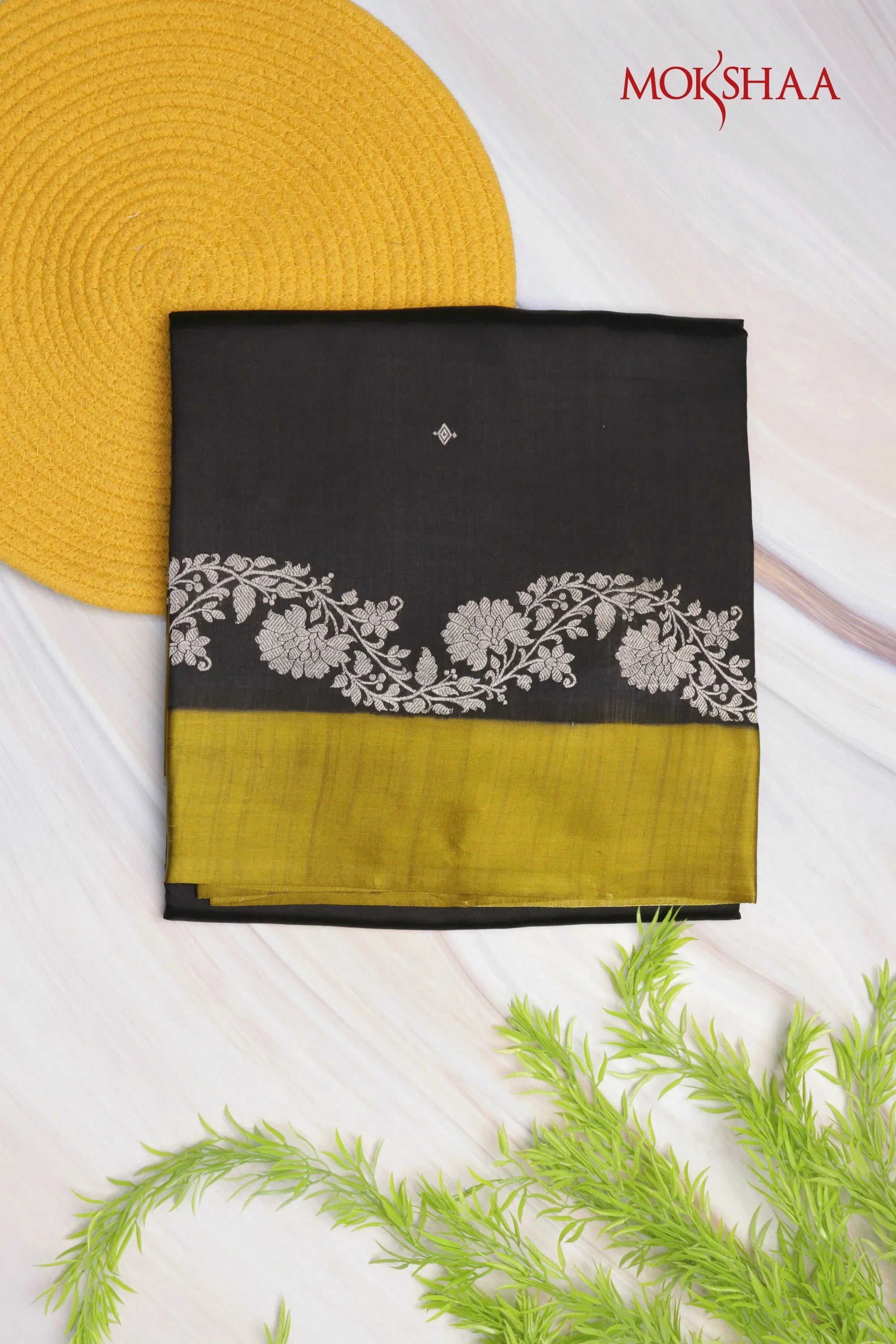 Black & Olive Banarasi Chanderi Silk Saree | Mokshaa