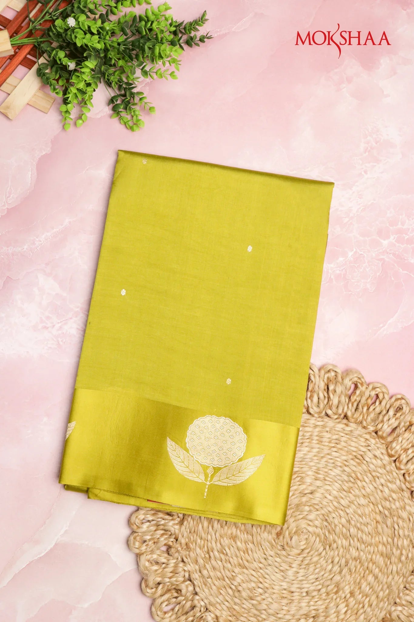 Mehendi Green Banarasi Chanderi Silk Saree with Butta Border | Mokshaa