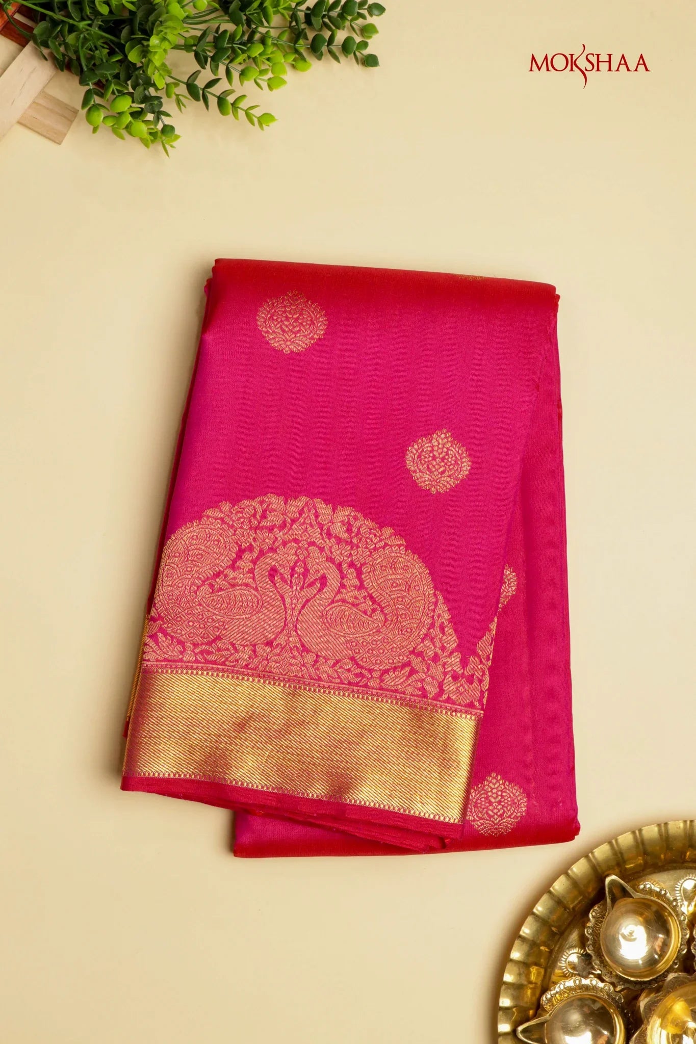 Rani Pink Kanchivaram Silk Saree with Gold Butta | Mokshaa