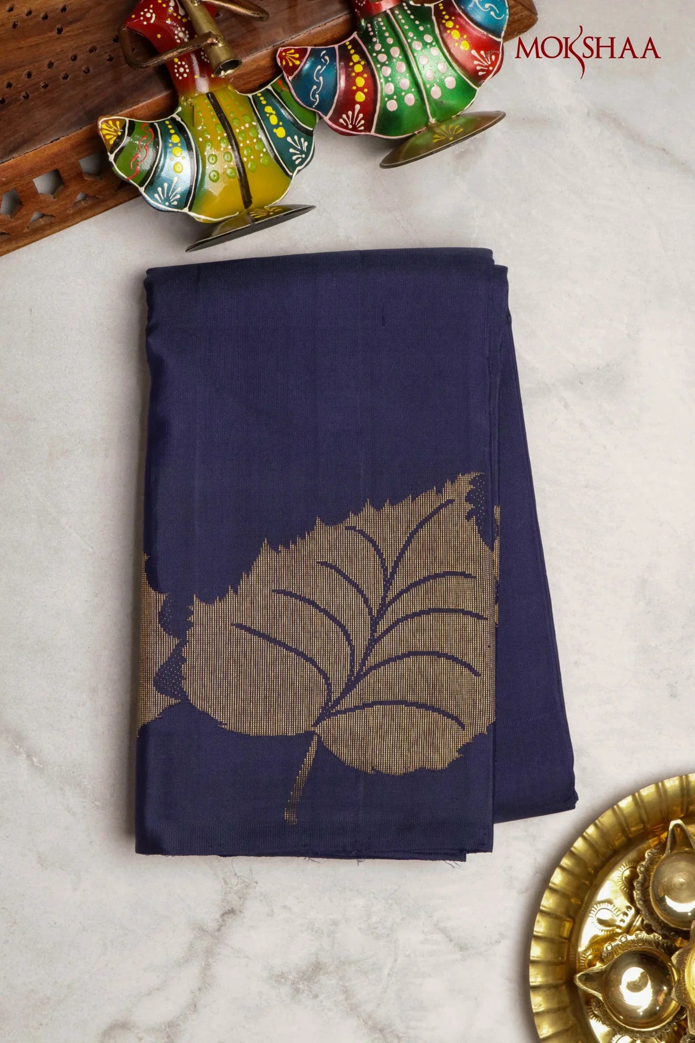 Navy Blue Kanchivaram Silk Saree with Gold Leaf Zari | Mokshaa