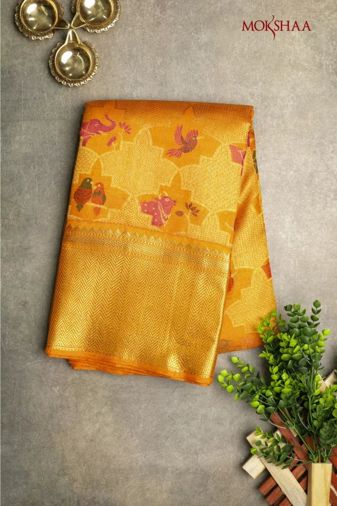 Koral Orange Kanchivaram Silk Saree with Zari & Meena Animal Motifs | Mokshaa