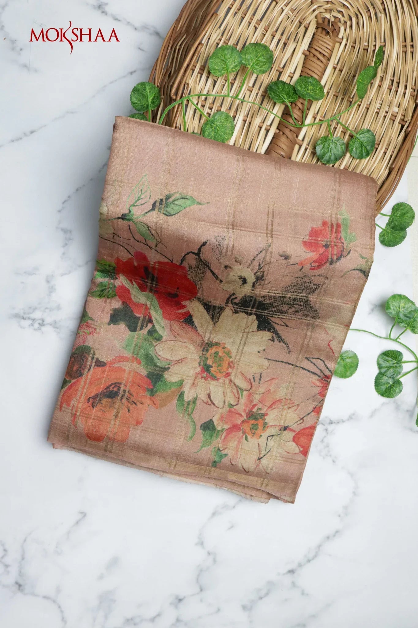 Chikko Tussar Silk Saree with Checks & Floral Print | Mokshaa