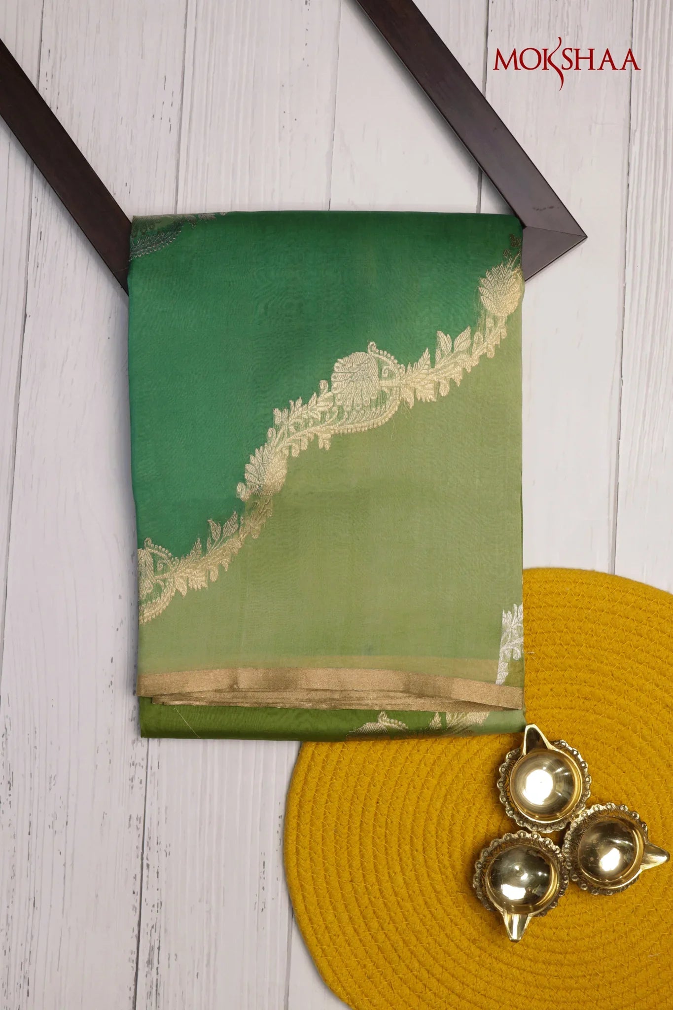 Multi-Green Banarasi Kora Saree with Zari Embroidered Motifs | Mokshaa