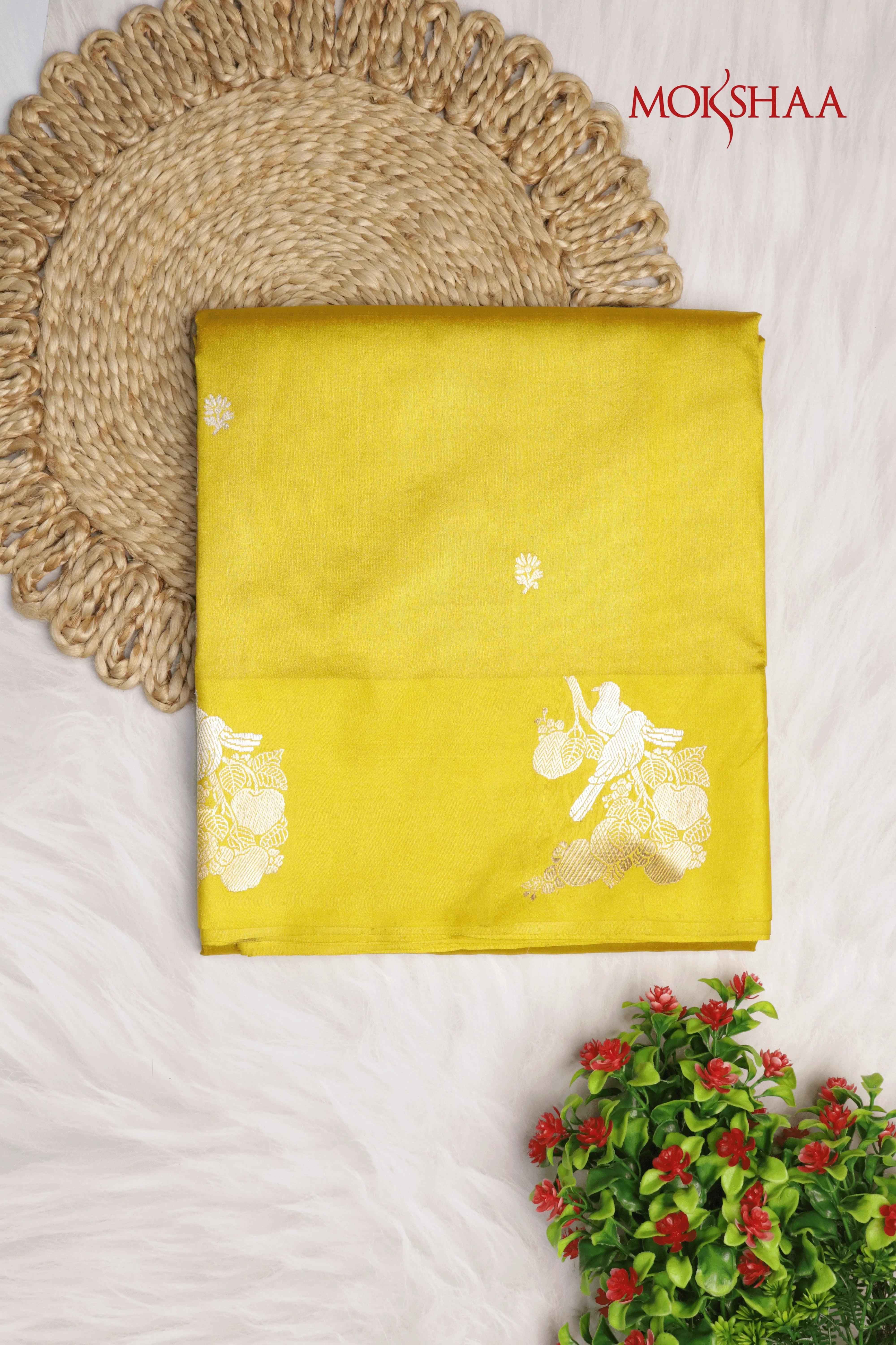 Lime Yellow Banarasi Chanderi Silk Saree with Bird Motif and Satin Border | Mokshaa