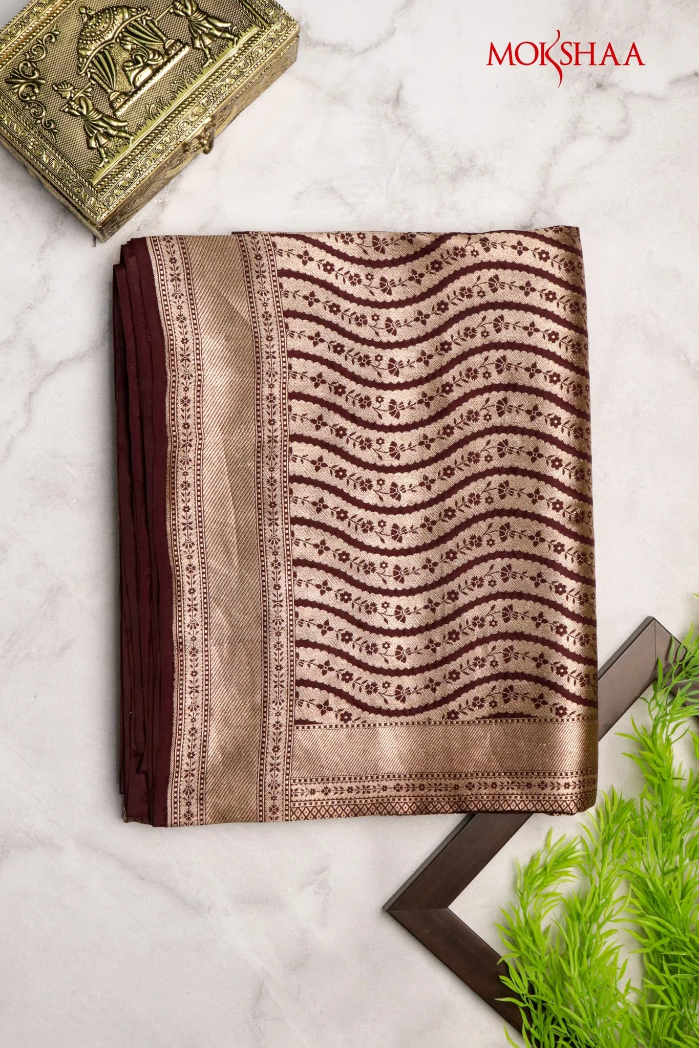 Dark Brown Banarasi Silk Saree with Zari Stripes | Mokshaa